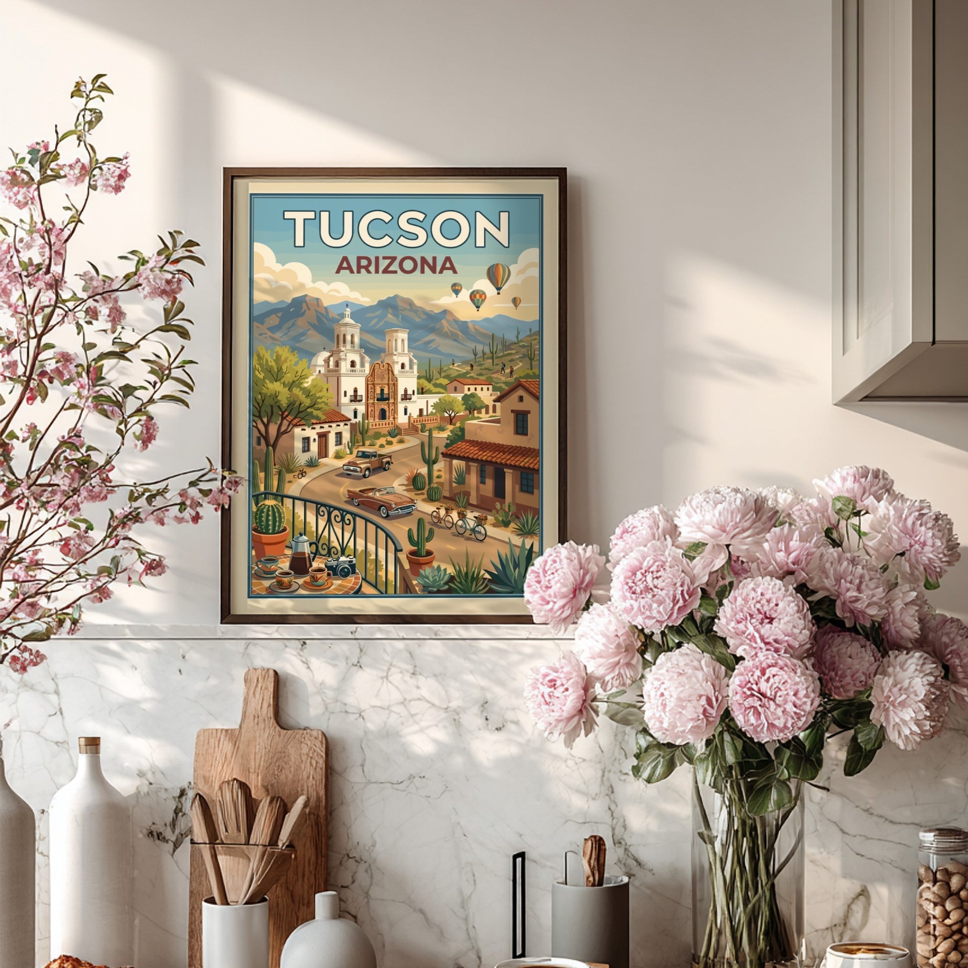 Tucson Arizona travel poster with vintage cars, desert landscape, and Mission San Xavier del Bac.
