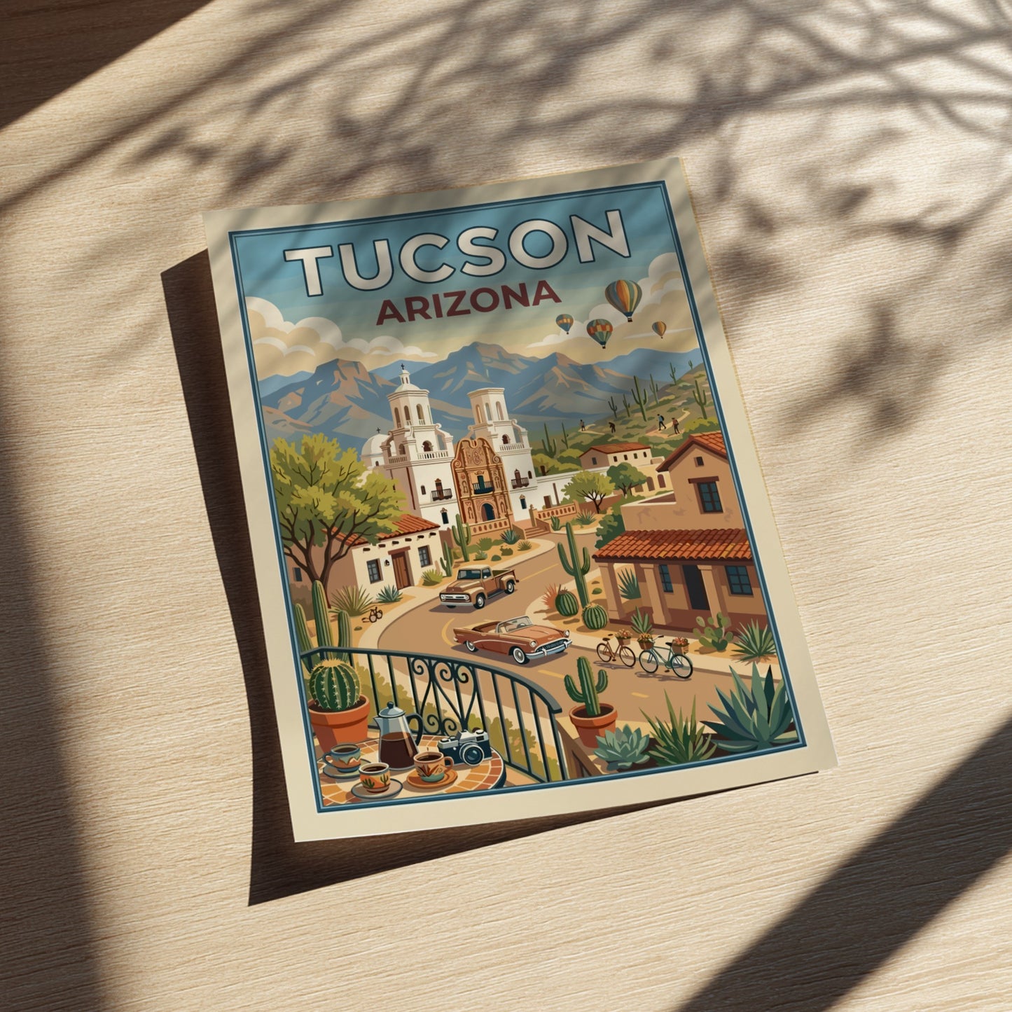 Tucson Arizona travel poster with vintage cars, desert landscape, and Mission San Xavier del Bac.