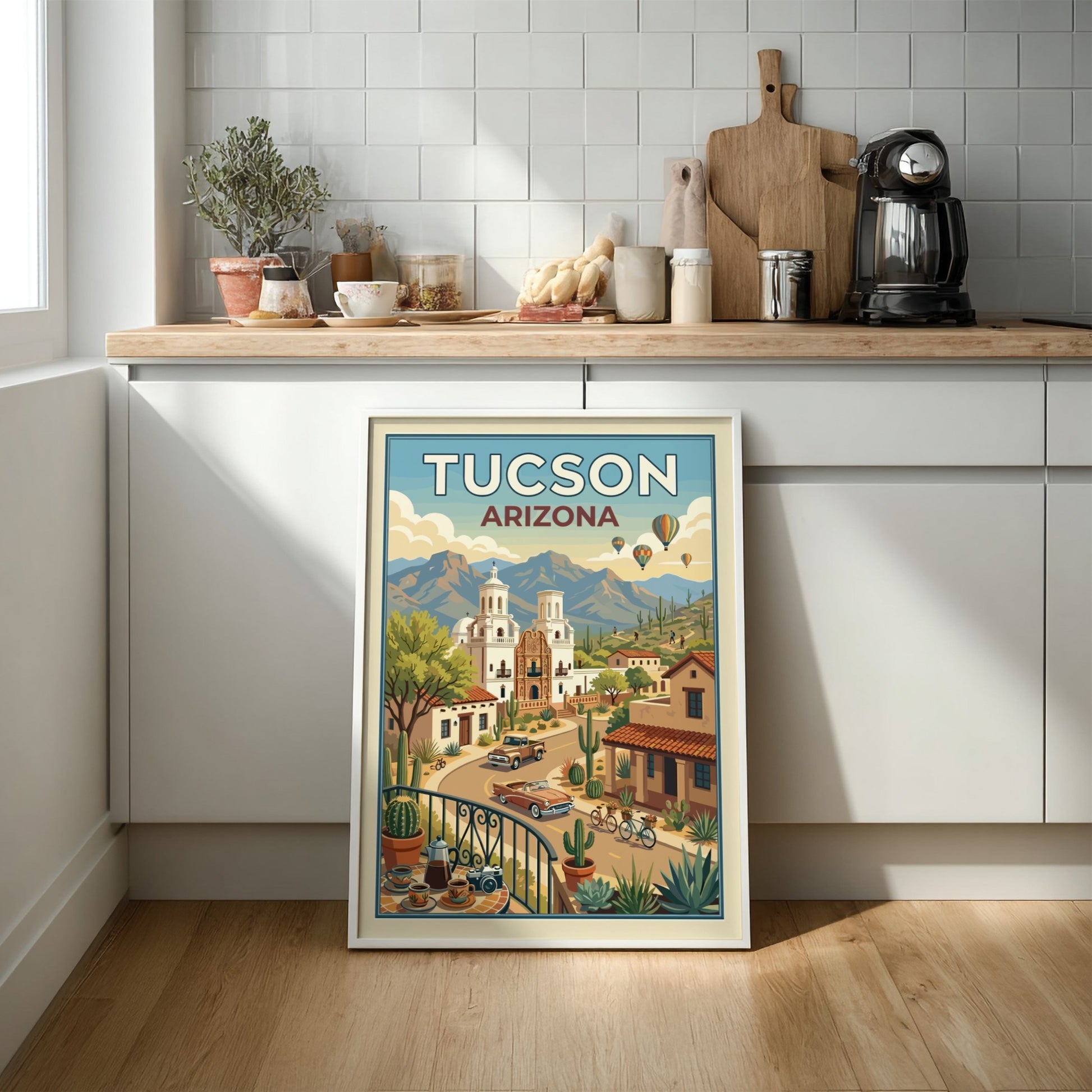 Tucson Arizona travel poster with vintage cars, desert landscape, and Mission San Xavier del Bac.