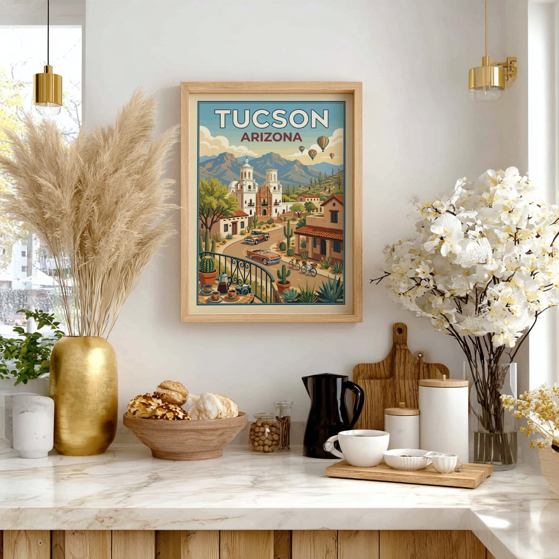 Tucson Arizona travel poster with vintage cars, desert landscape, and Mission San Xavier del Bac.