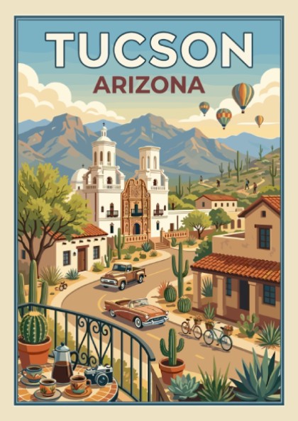 Tucson Arizona travel poster with vintage cars, desert landscape, and Mission San Xavier del Bac.