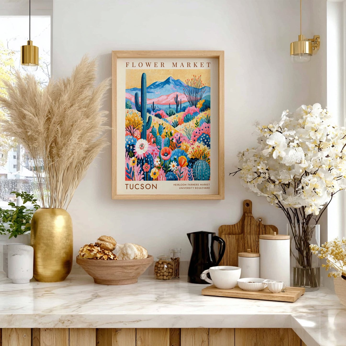 Tucson flower market poster featuring vibrant colors and cacti in a botanical style