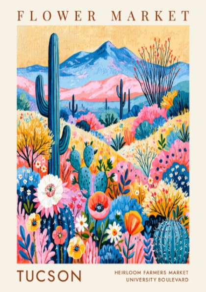 Tucson flower market poster featuring vibrant colors and cacti in a botanical style