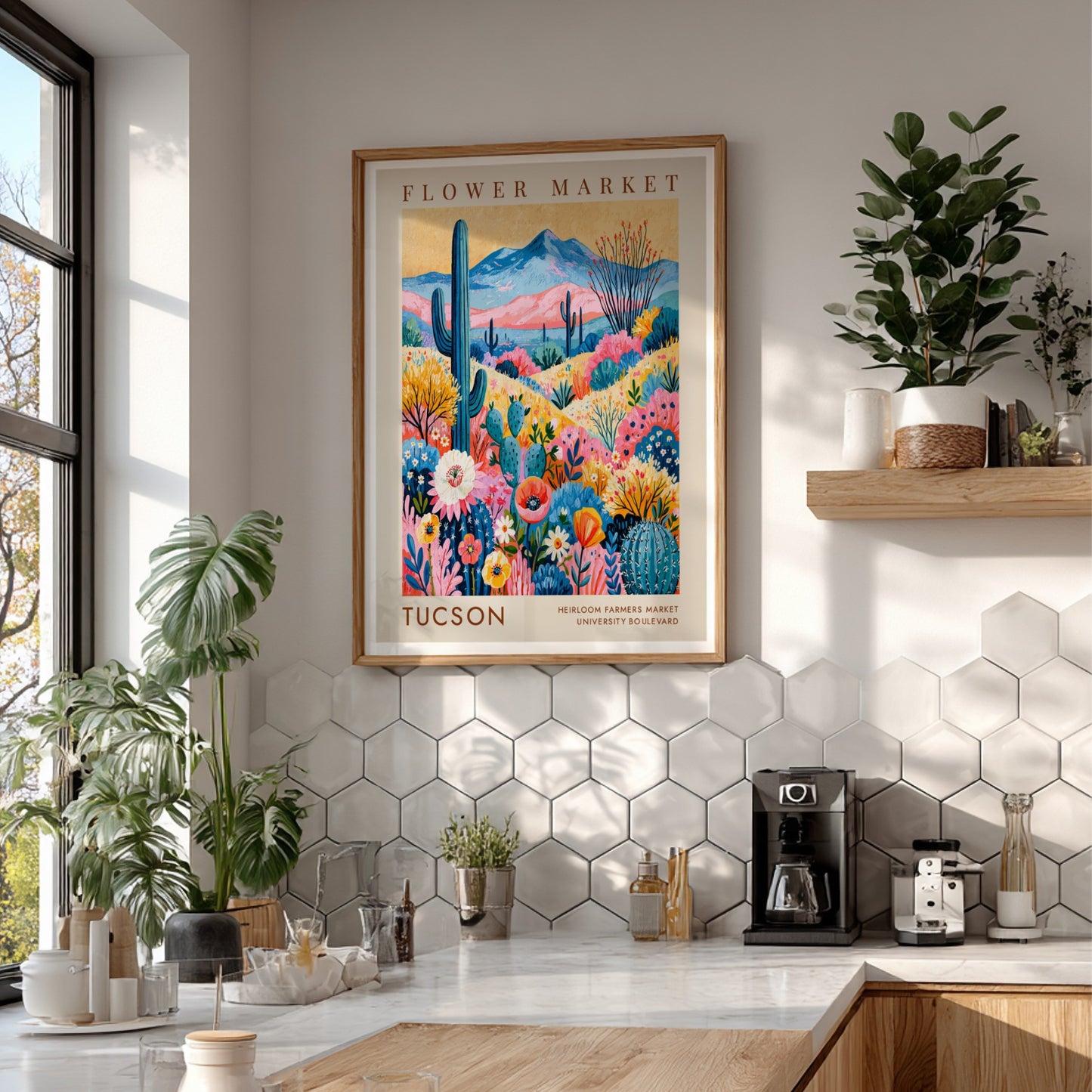 Tucson flower market poster featuring vibrant colors and cacti in a botanical style