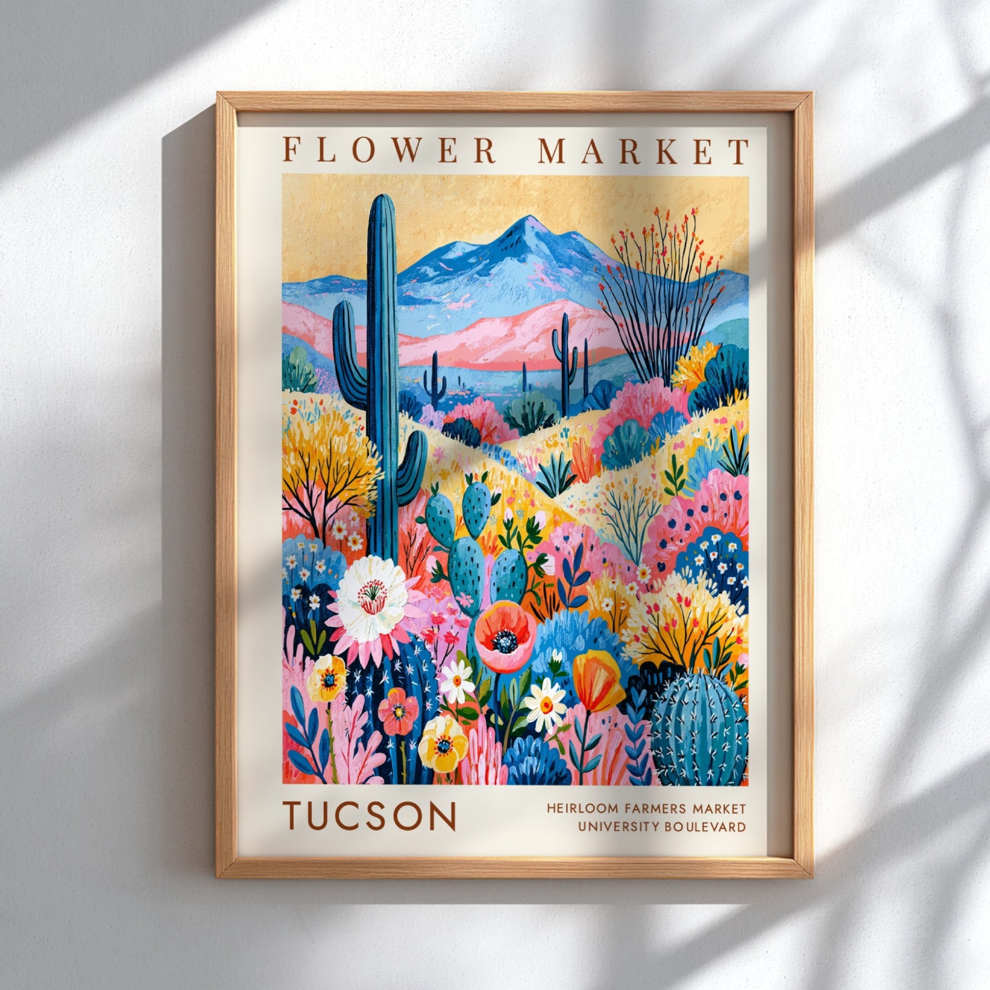 Tucson flower market poster featuring vibrant colors and cacti in a botanical style