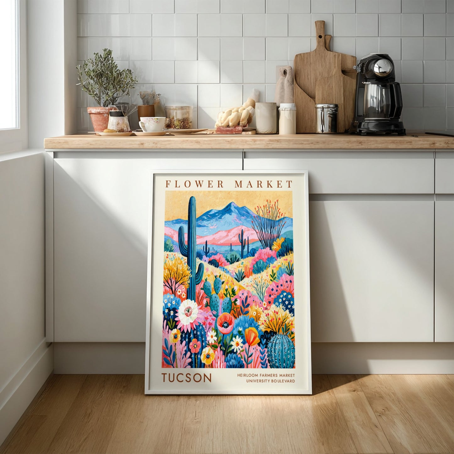 Tucson flower market poster featuring vibrant colors and cacti in a botanical style