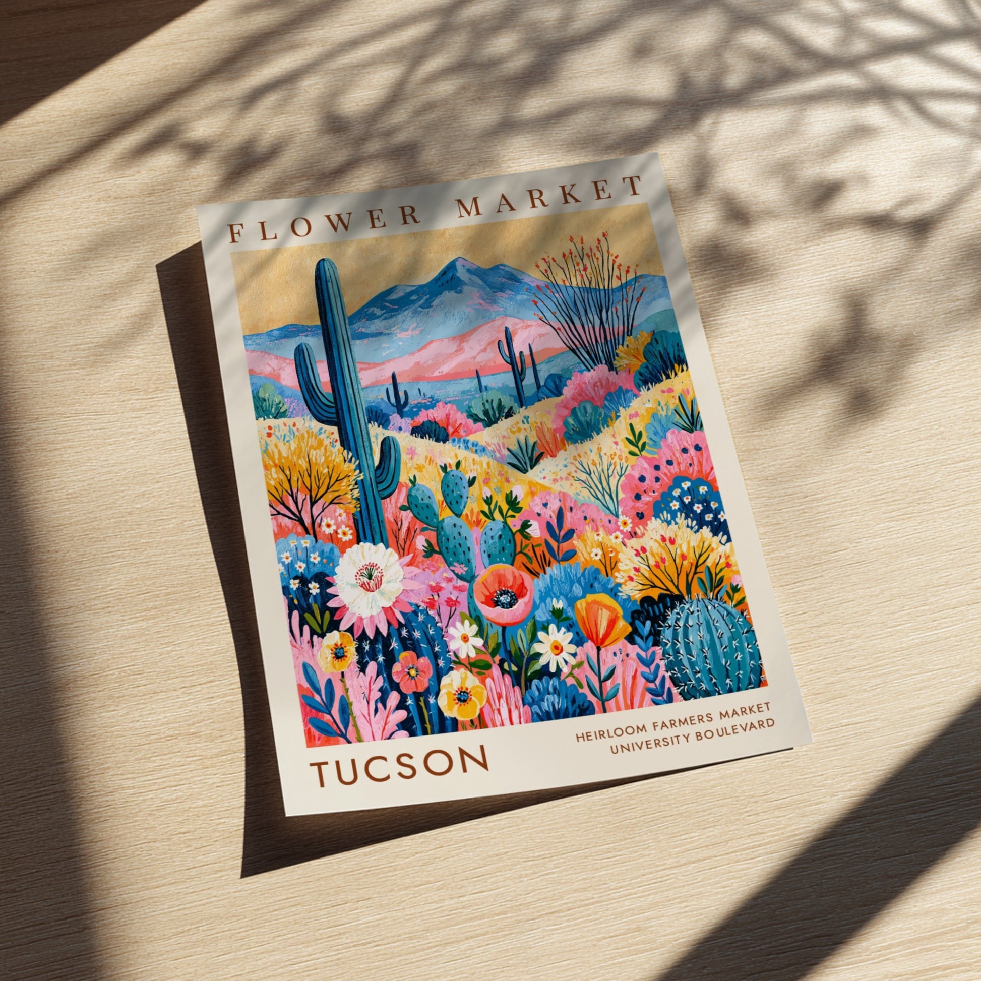 Tucson flower market poster featuring vibrant colors and cacti in a botanical style