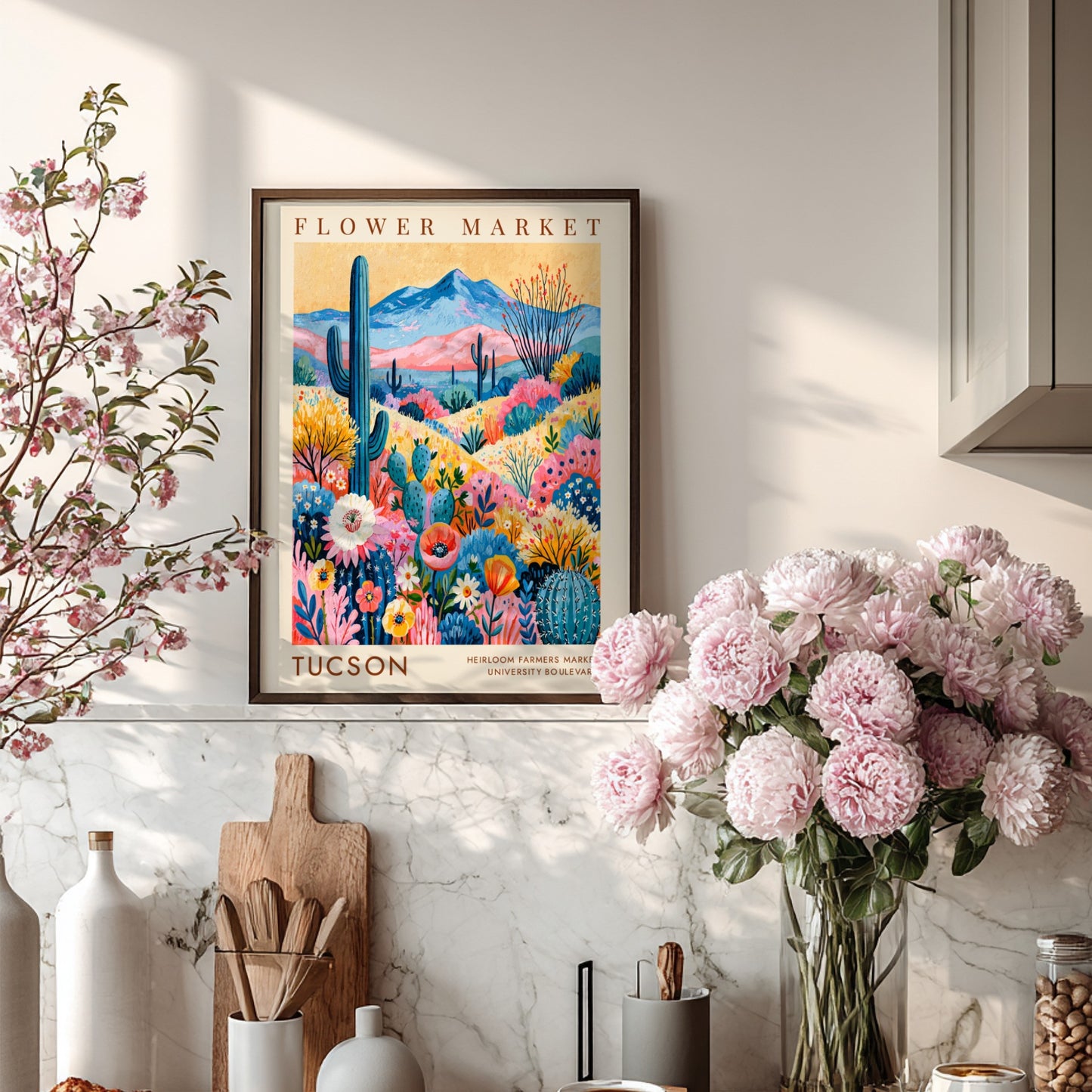 Tucson flower market poster featuring vibrant colors and cacti in a botanical style
