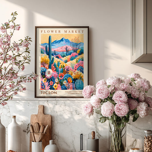 Tucson flower market poster featuring vibrant colors and cacti in a botanical style