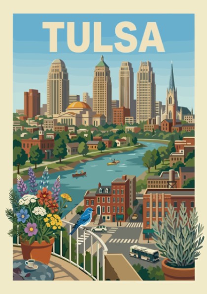 Illustrative poster of the Tulsa skyline with the Arkansas River, featuring a bluebird and flowers.