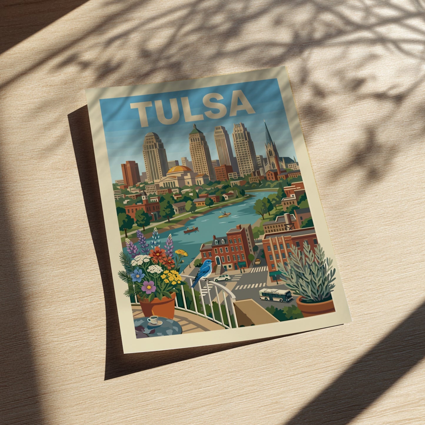 Illustrative poster of the Tulsa skyline with the Arkansas River, featuring a bluebird and flowers.