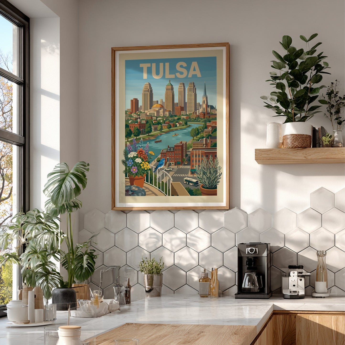 Illustrative poster of the Tulsa skyline with the Arkansas River, featuring a bluebird and flowers.