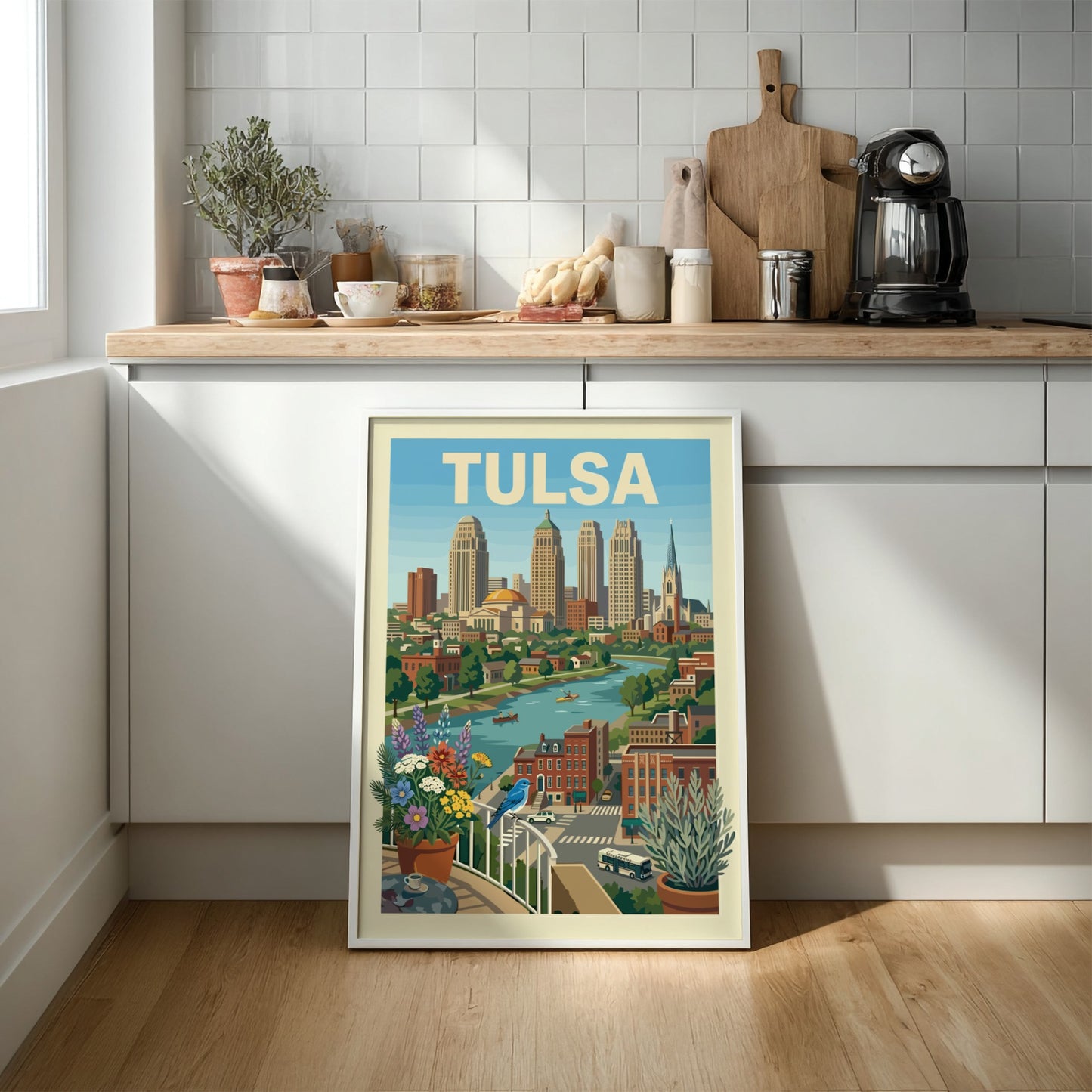 Illustrative poster of the Tulsa skyline with the Arkansas River, featuring a bluebird and flowers.