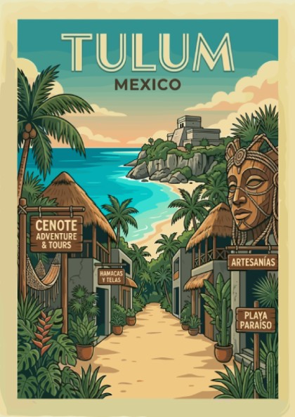 Vintage travel poster of Tulum, Mexico, showing a street with shops leading to a beach and Mayan ruins.