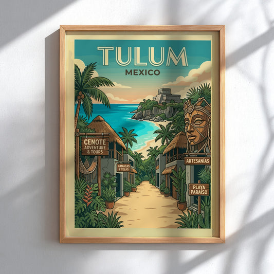 Vintage travel poster of Tulum, Mexico, showing a street with shops leading to a beach and Mayan ruins.