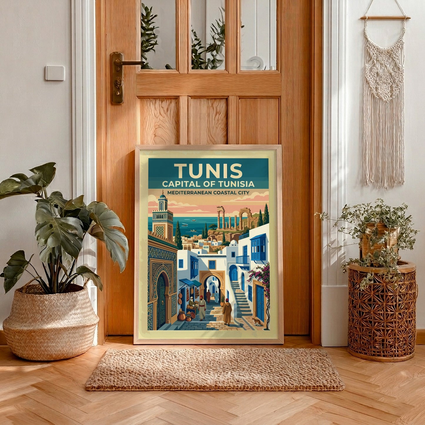 Travel poster of Tunis showing a minaret, blue shutters, and ancient coastal ruins.