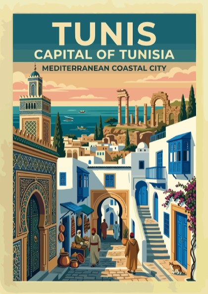 Travel poster of Tunis showing a minaret, blue shutters, and ancient coastal ruins.