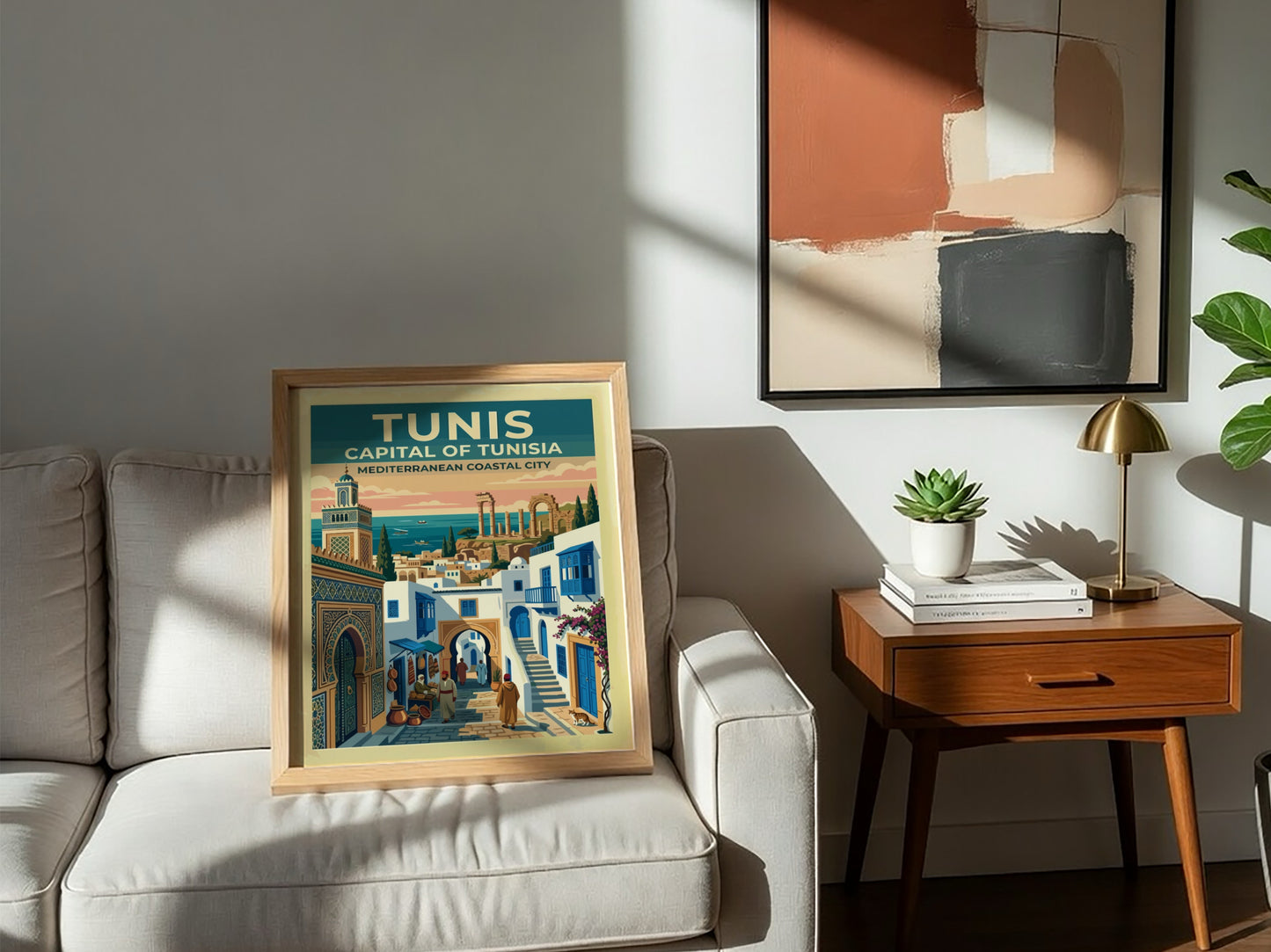 Travel poster of Tunis showing a minaret, blue shutters, and ancient coastal ruins.