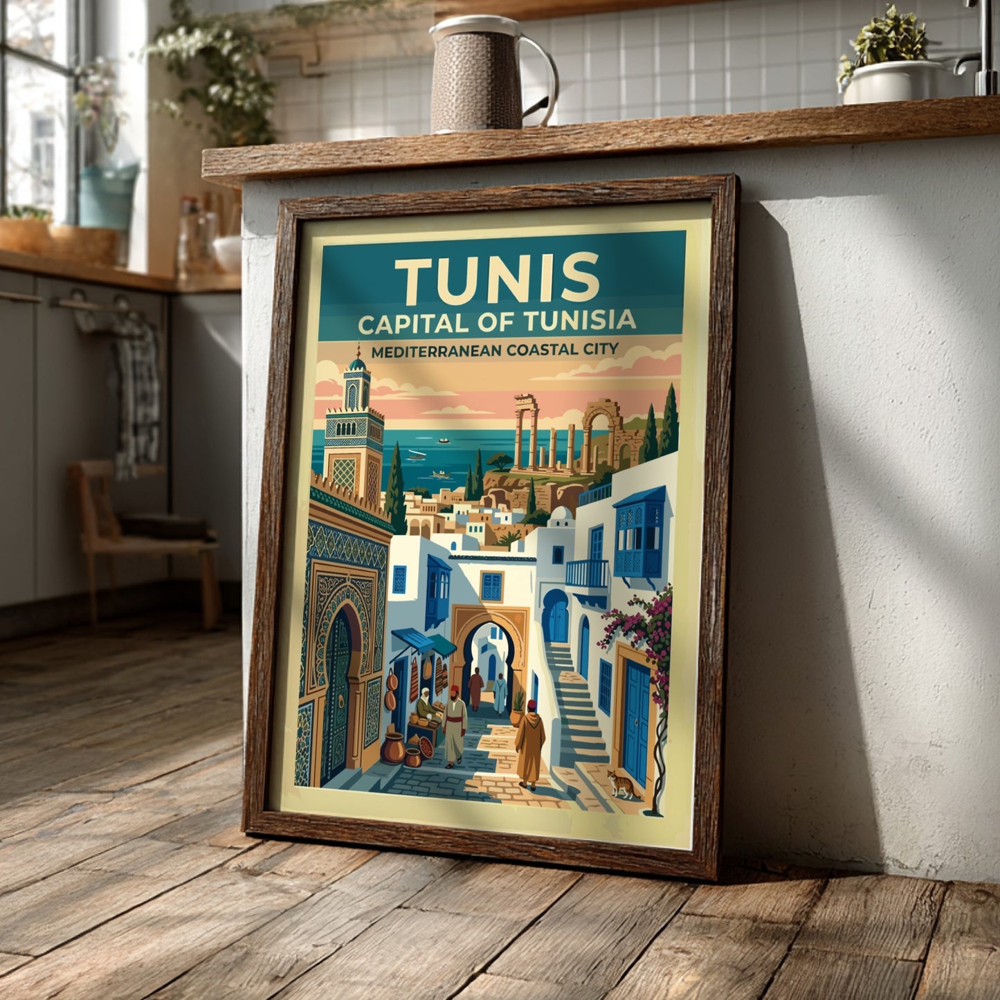 Travel poster of Tunis showing a minaret, blue shutters, and ancient coastal ruins.