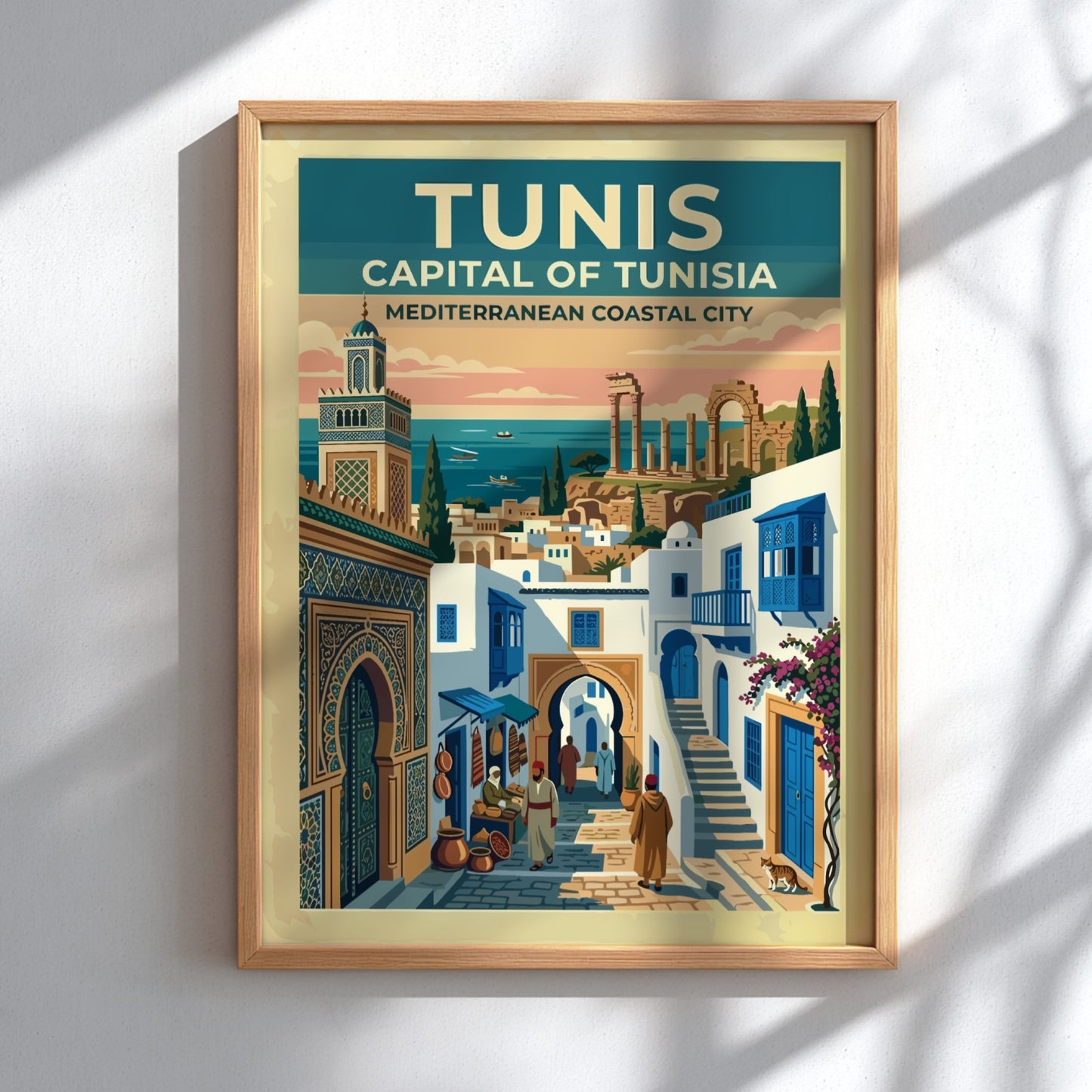 Travel poster of Tunis showing a minaret, blue shutters, and ancient coastal ruins.