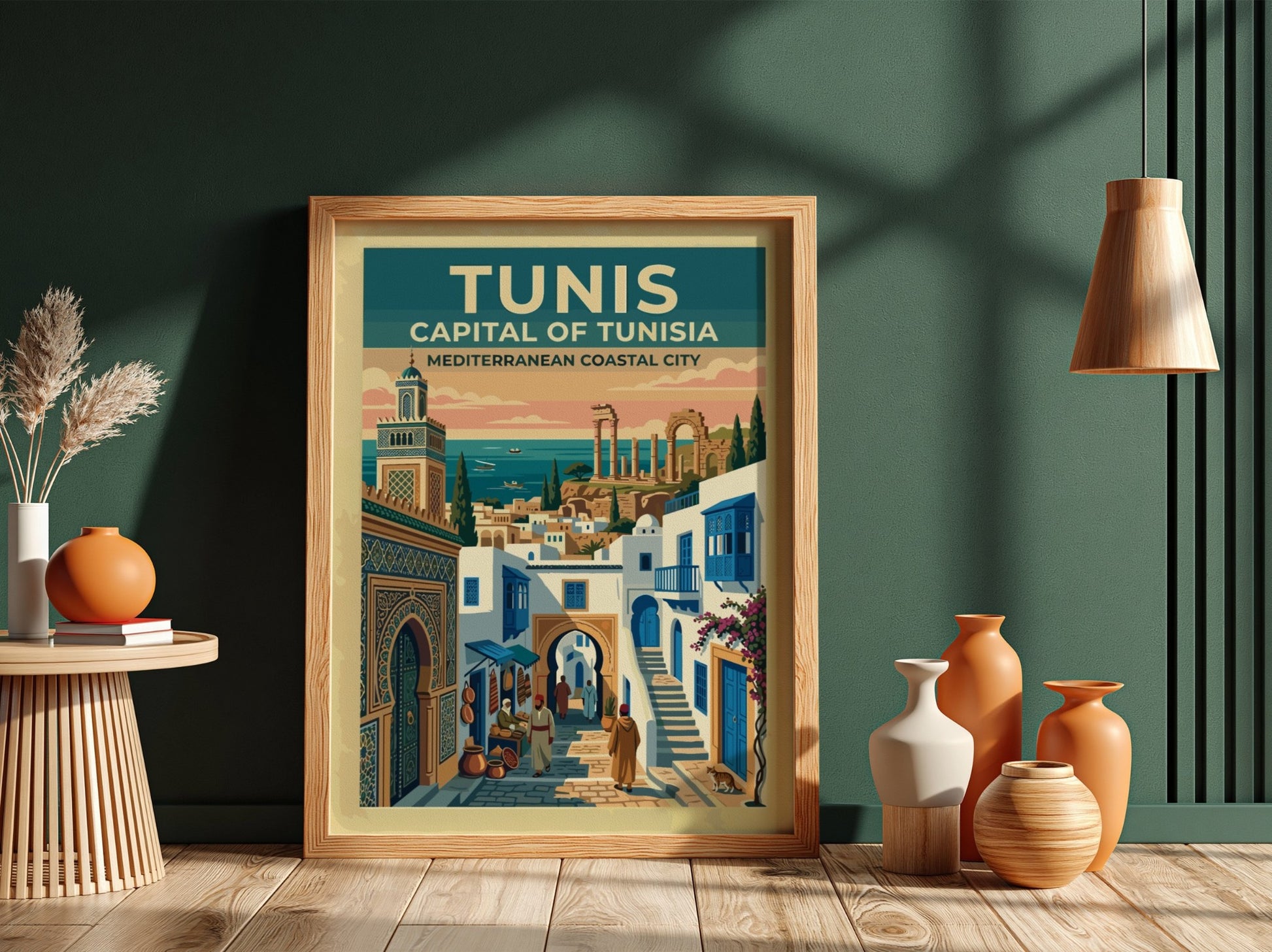 Travel poster of Tunis showing a minaret, blue shutters, and ancient coastal ruins.
