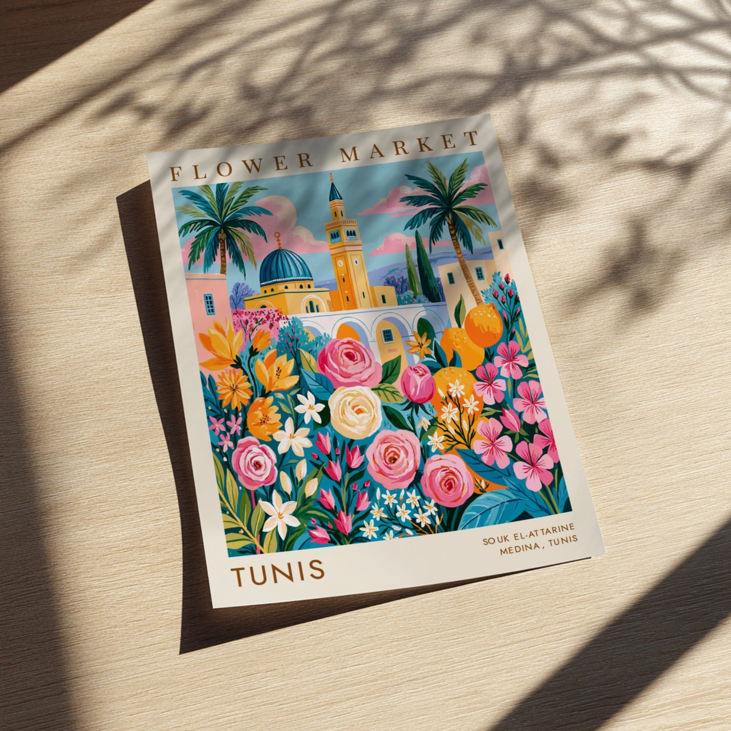 Flower market poster featuring vibrant roses and Tunisian architecture in bright colors