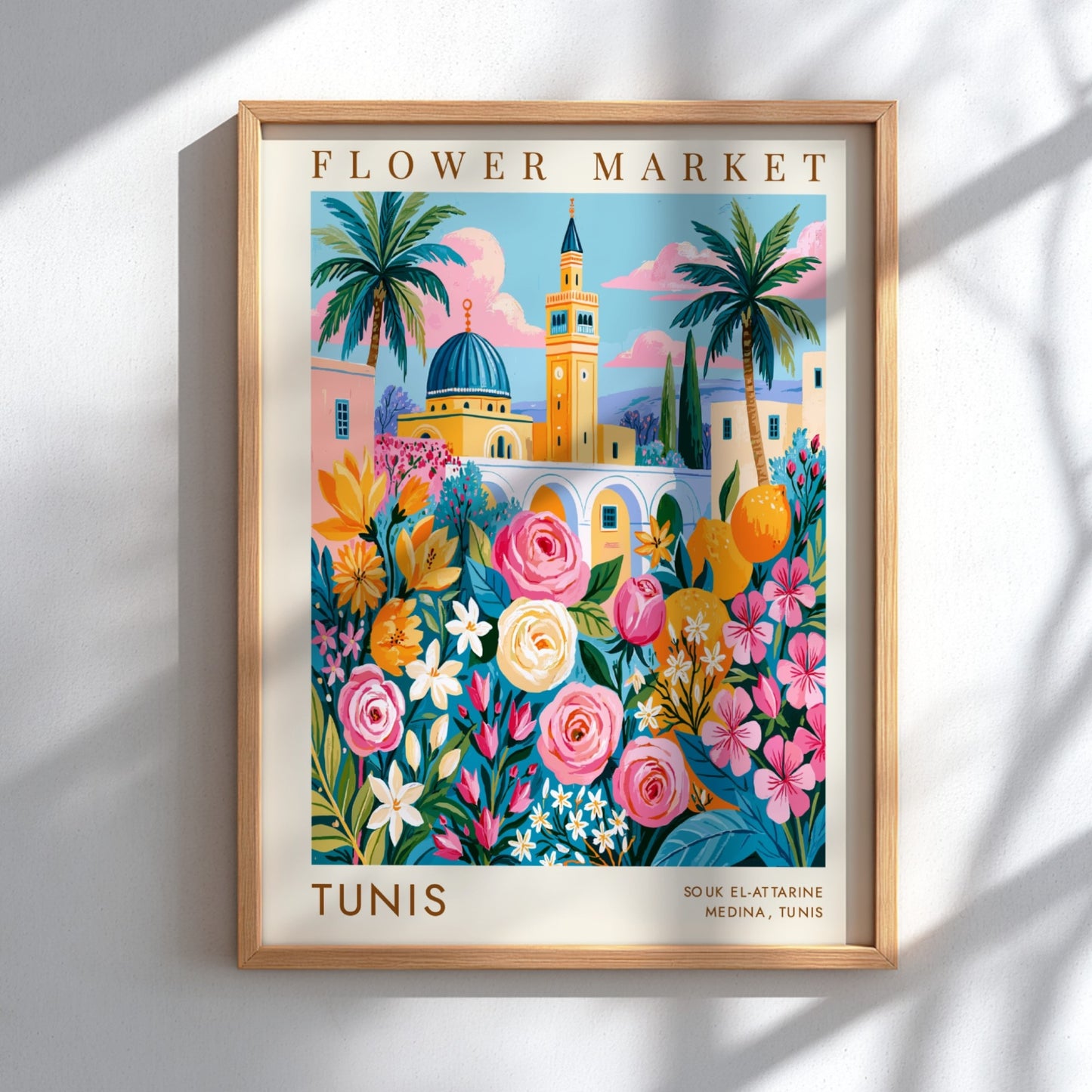 Flower market poster featuring vibrant roses and Tunisian architecture in bright colors