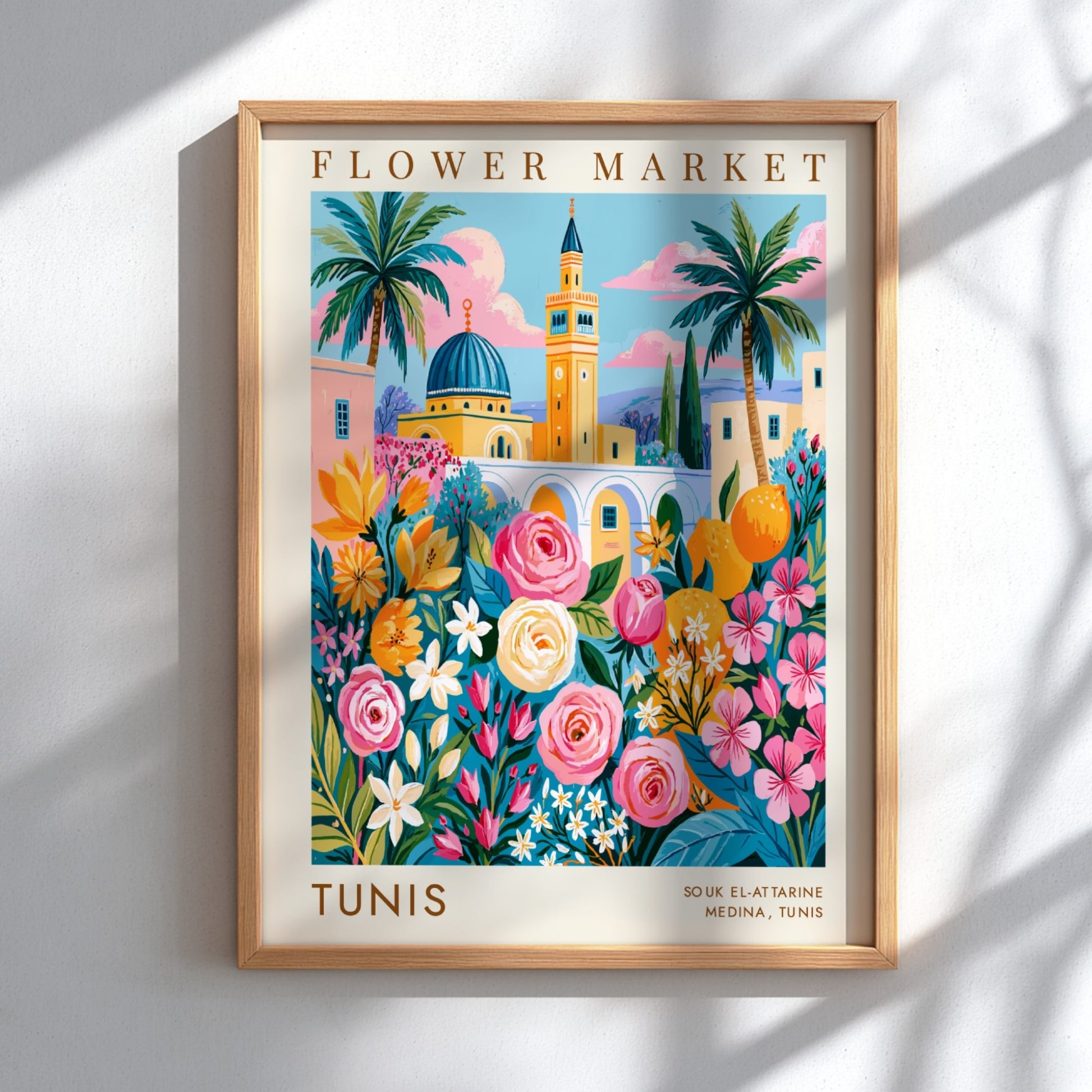 Flower market poster featuring vibrant roses and Tunisian architecture in bright colors