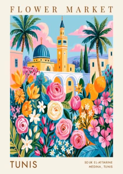 Flower market poster featuring vibrant roses and Tunisian architecture in bright colors