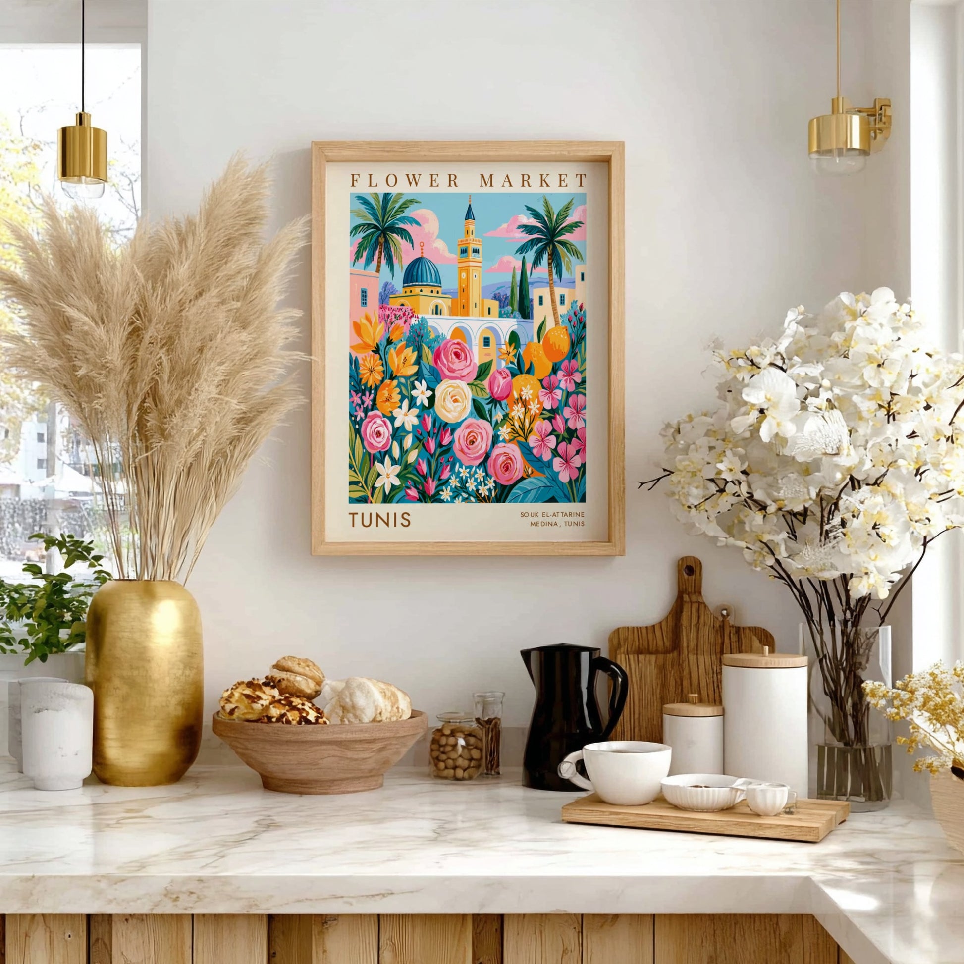 Flower market poster featuring vibrant roses and Tunisian architecture in bright colors