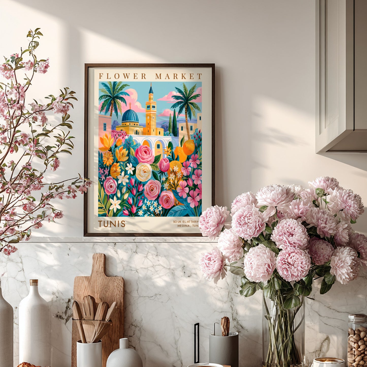 Flower market poster featuring vibrant roses and Tunisian architecture in bright colors