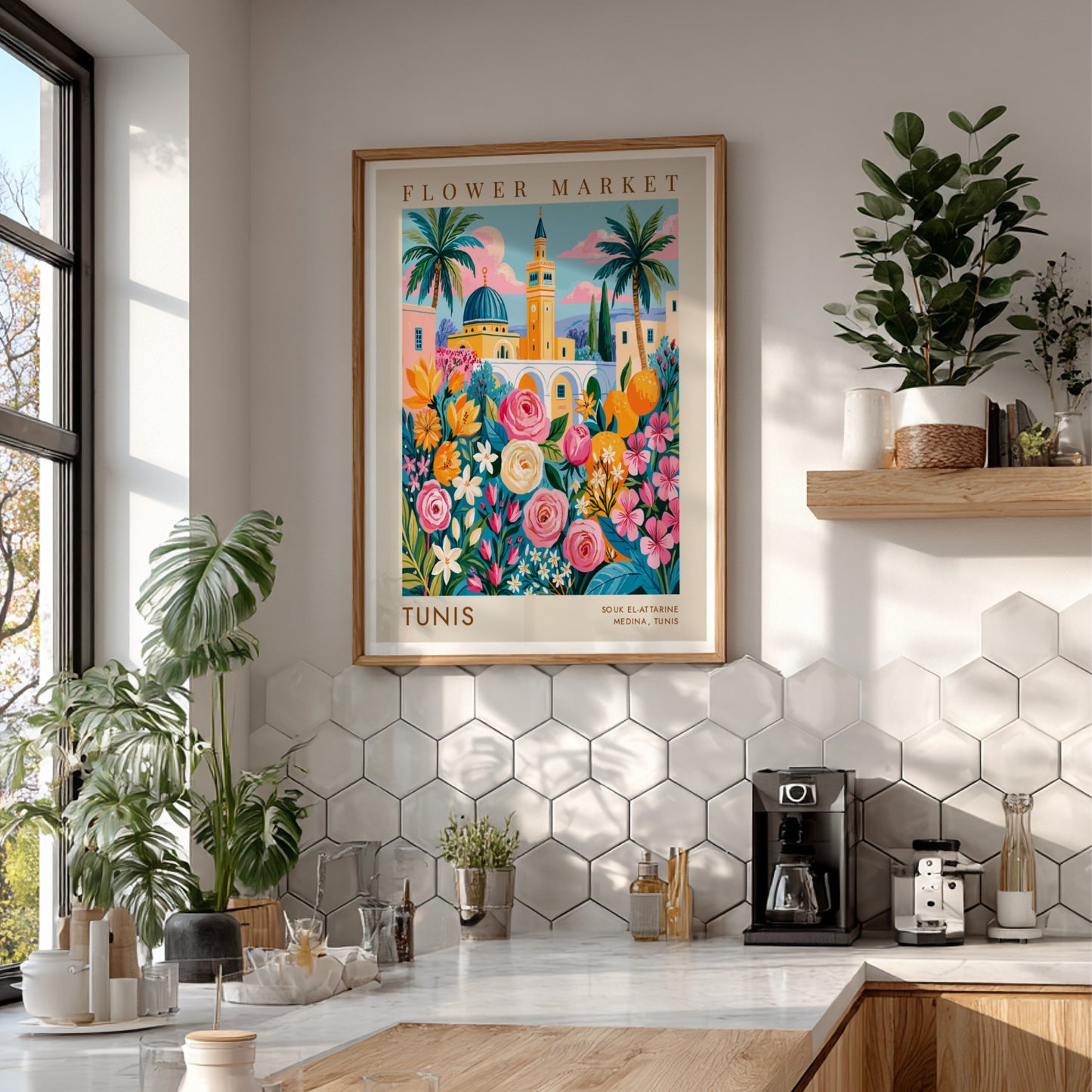 Flower market poster featuring vibrant roses and Tunisian architecture in bright colors