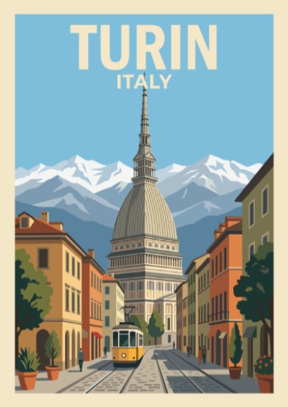 Poster of Turin Italy featuring the Mole Antonelliana, a yellow tram, and mountains.