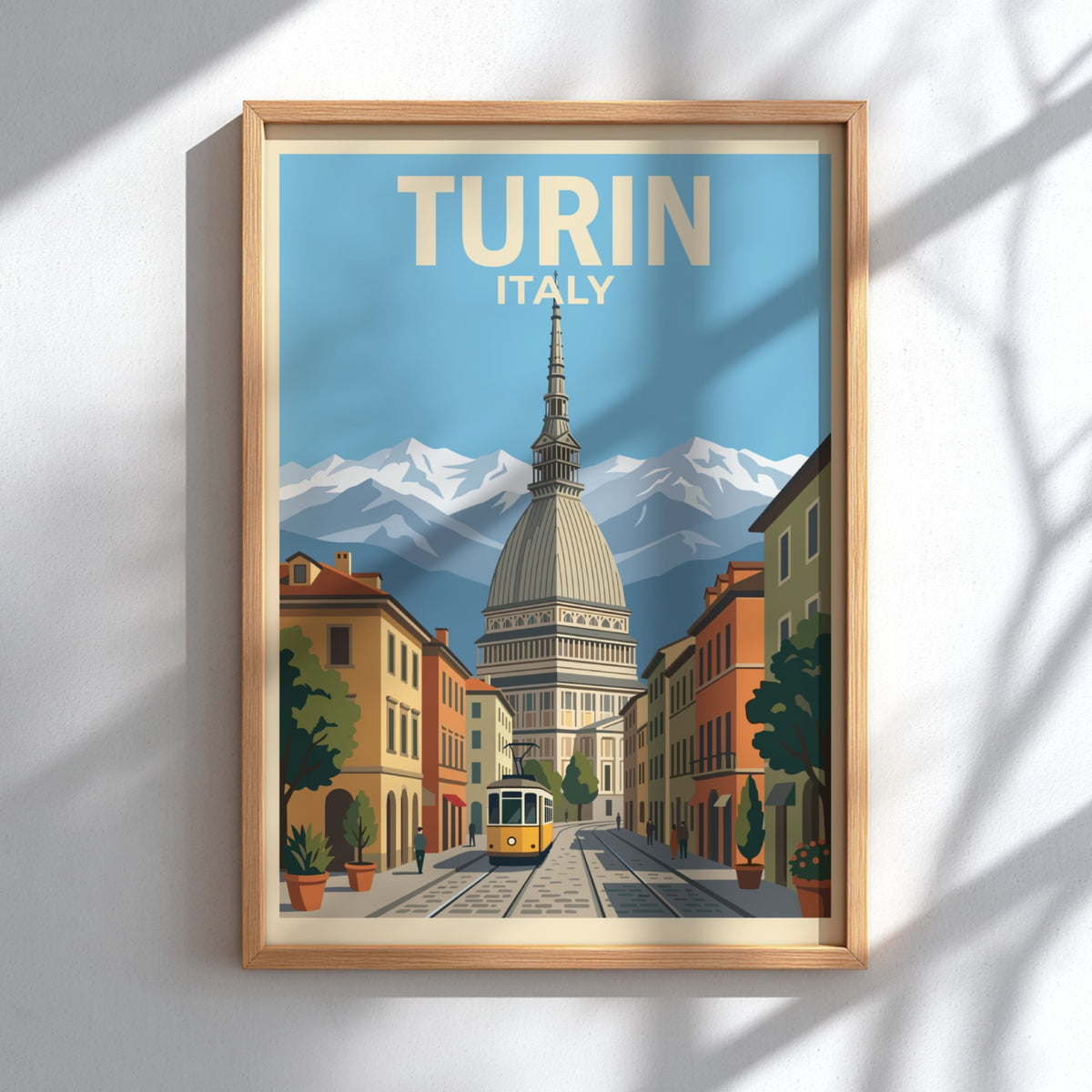 Poster of Turin Italy featuring the Mole Antonelliana, a yellow tram, and mountains.