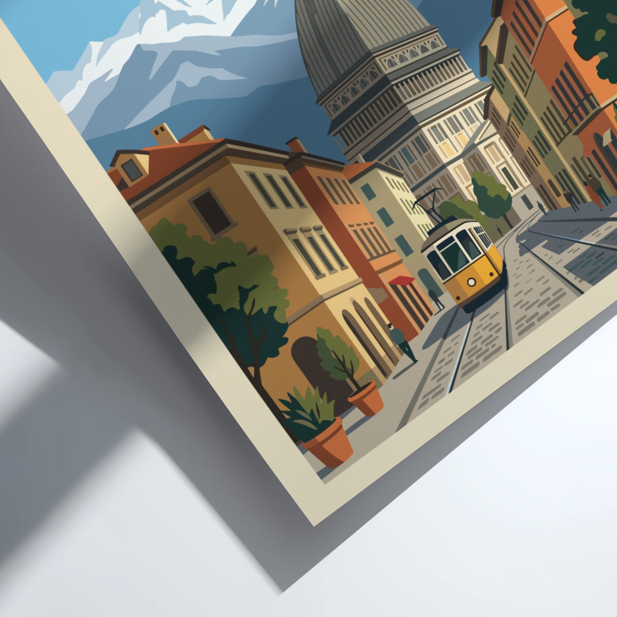 Poster of Turin Italy featuring the Mole Antonelliana, a yellow tram, and mountains.