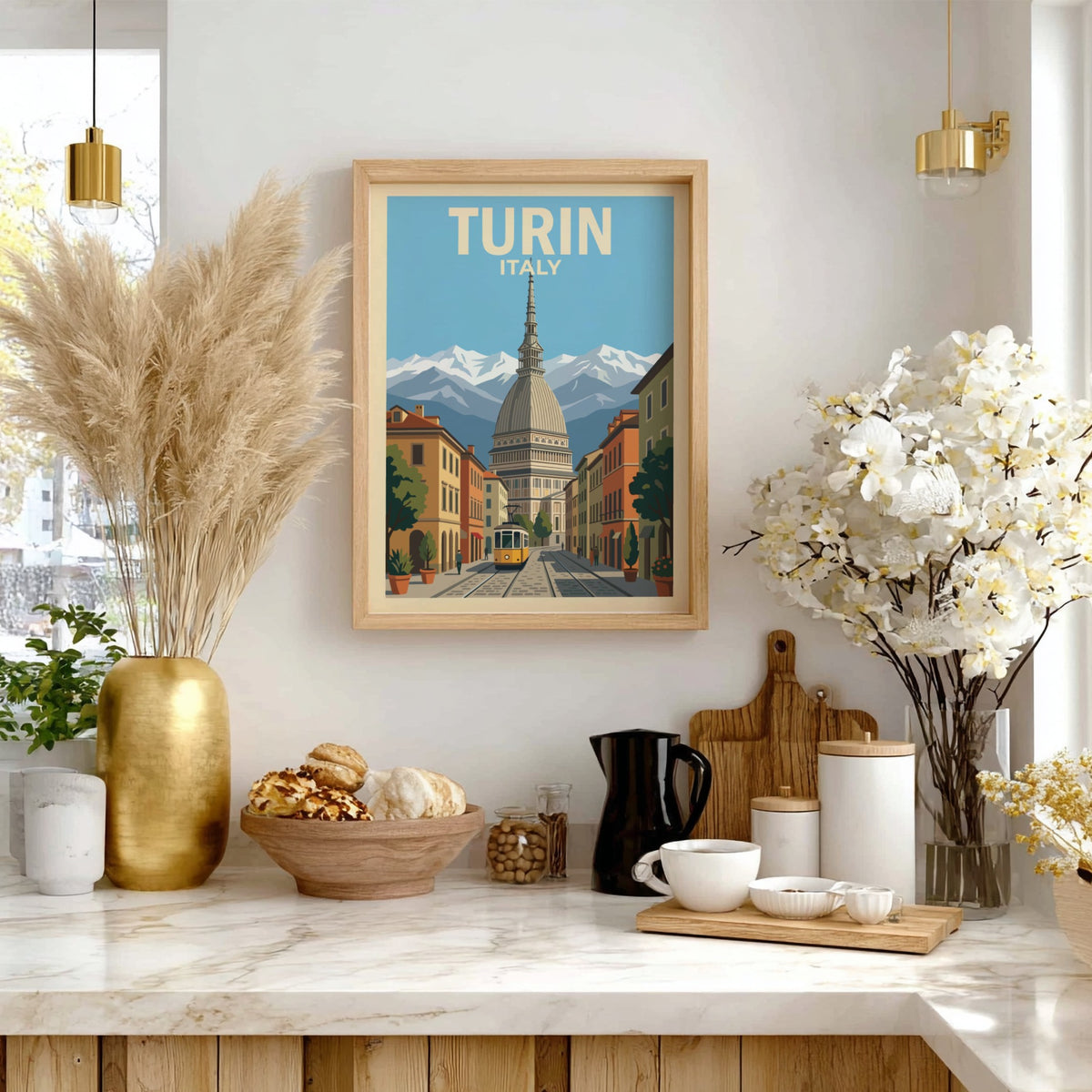 Poster of Turin Italy featuring the Mole Antonelliana, a yellow tram, and mountains.