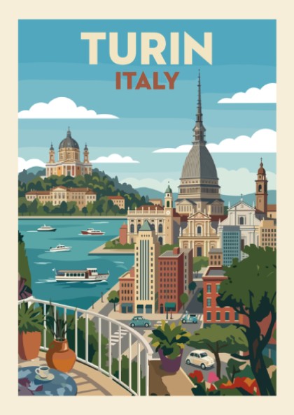 Turin Italy travel poster featuring a retro cityscape with prominent landmarks and a blue sky.