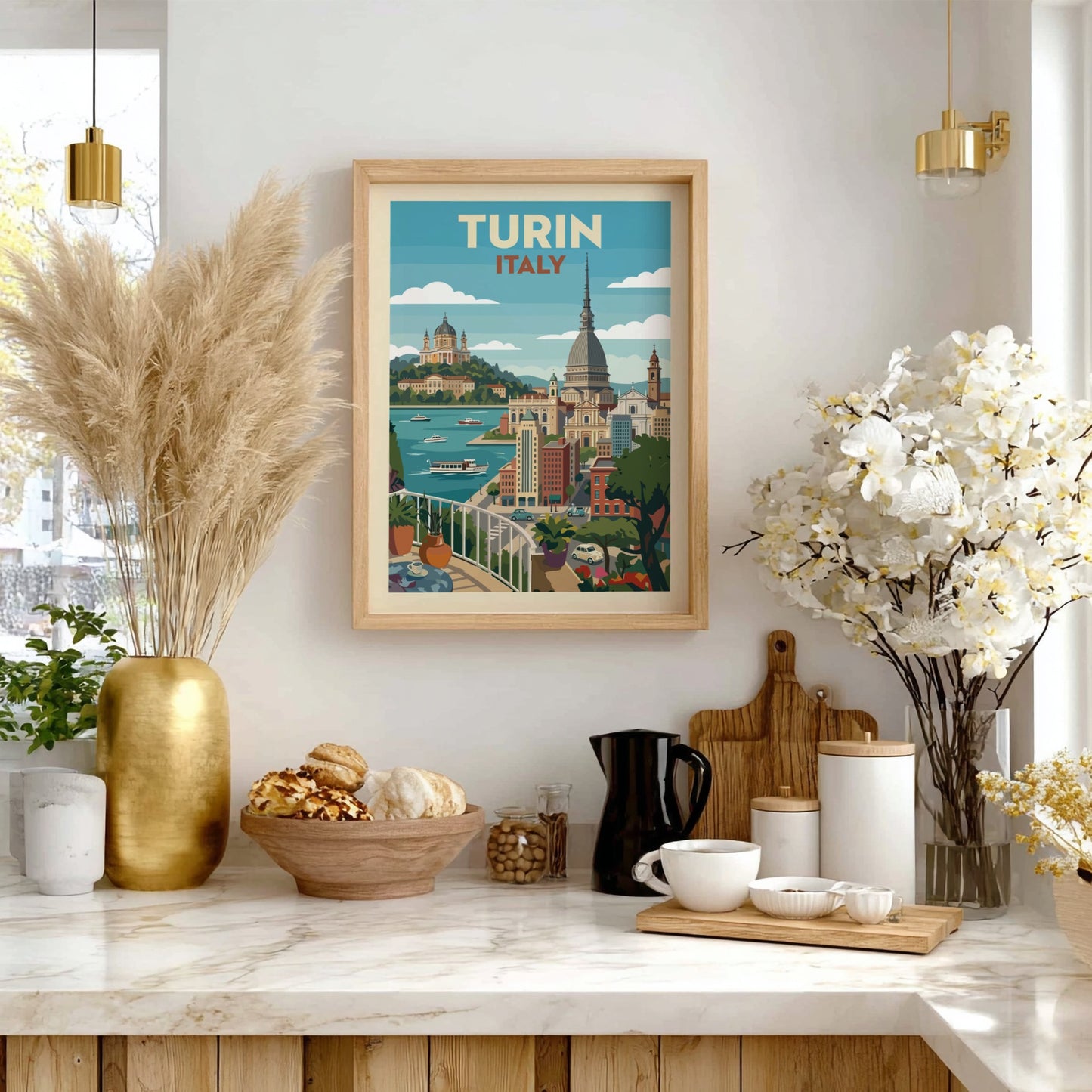 Turin Italy travel poster featuring a retro cityscape with prominent landmarks and a blue sky.
