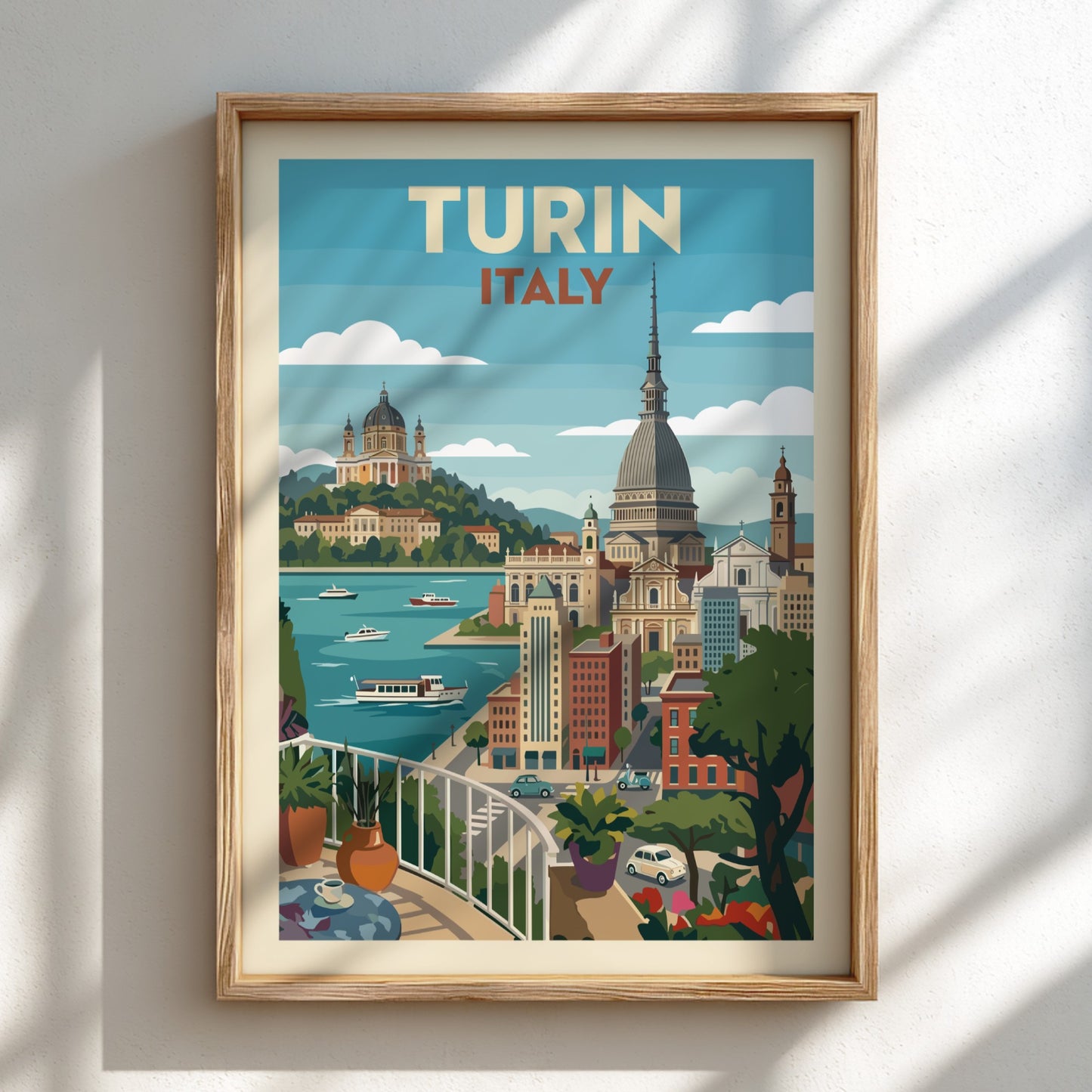 Turin Italy travel poster featuring a retro cityscape with prominent landmarks and a blue sky.