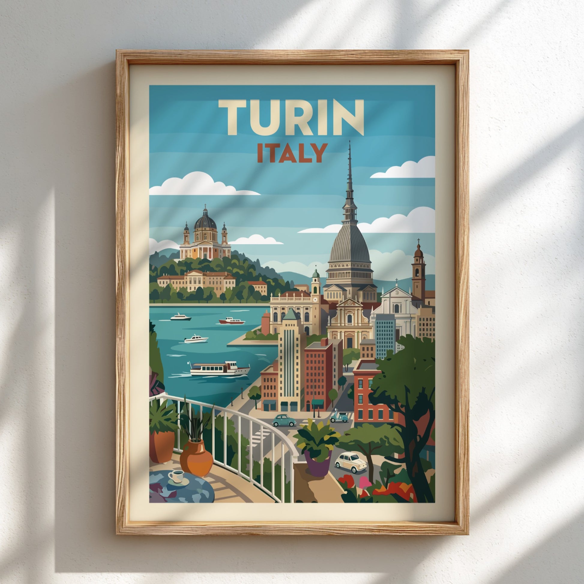 Turin Italy travel poster featuring a retro cityscape with prominent landmarks and a blue sky.