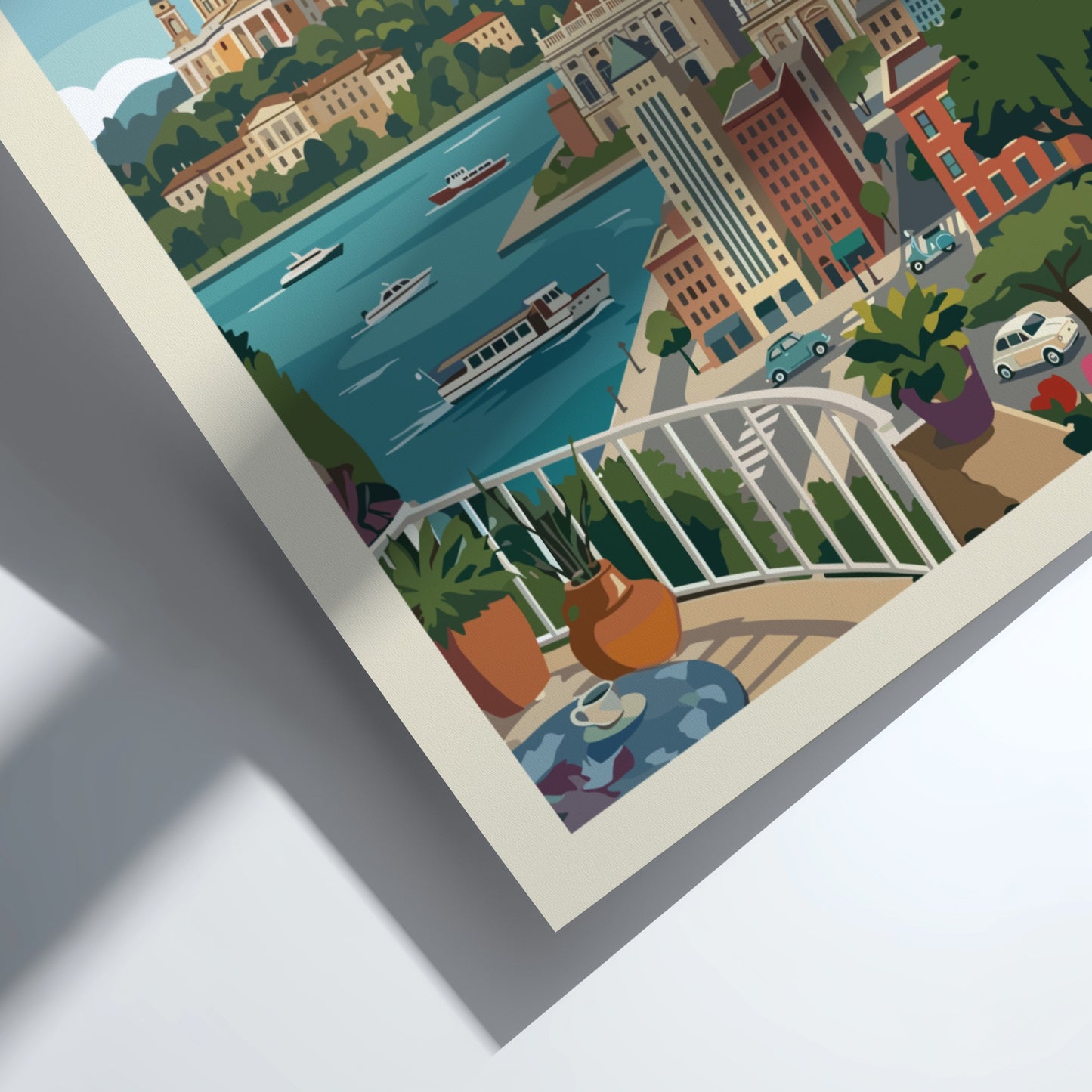 Turin Italy travel poster featuring a retro cityscape with prominent landmarks and a blue sky.