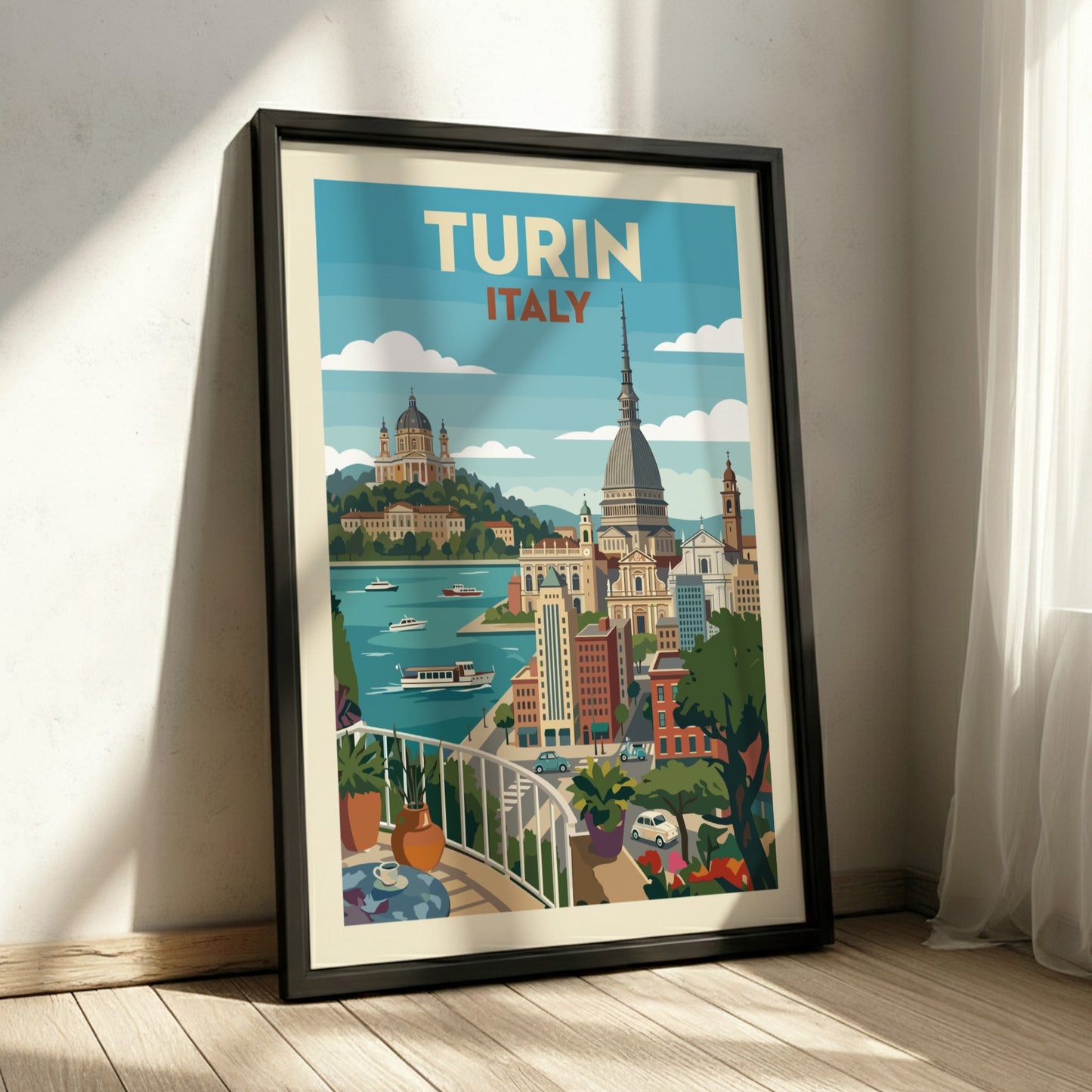 Turin Italy travel poster featuring a retro cityscape with prominent landmarks and a blue sky.
