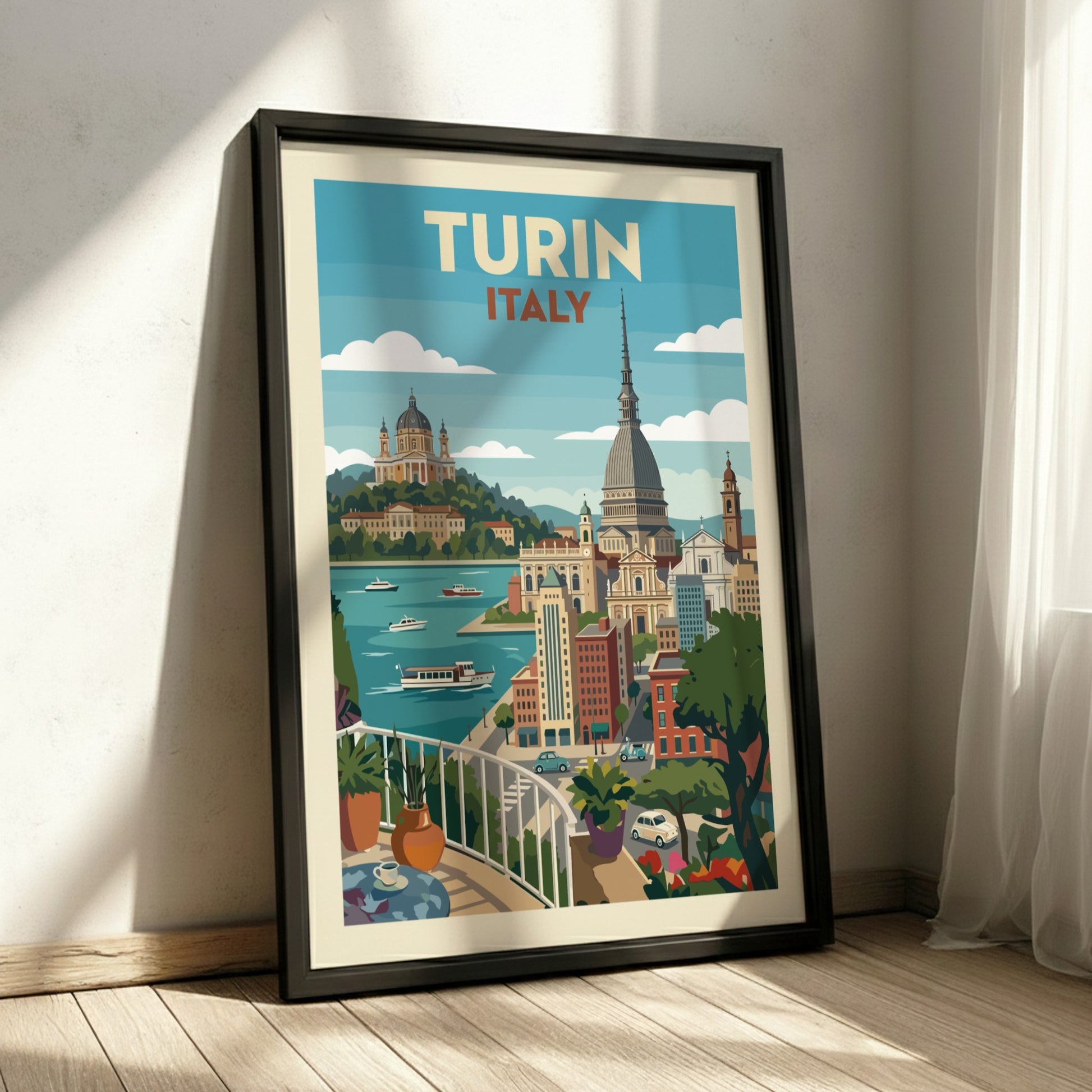 Turin Italy travel poster featuring a retro cityscape with prominent landmarks and a blue sky.
