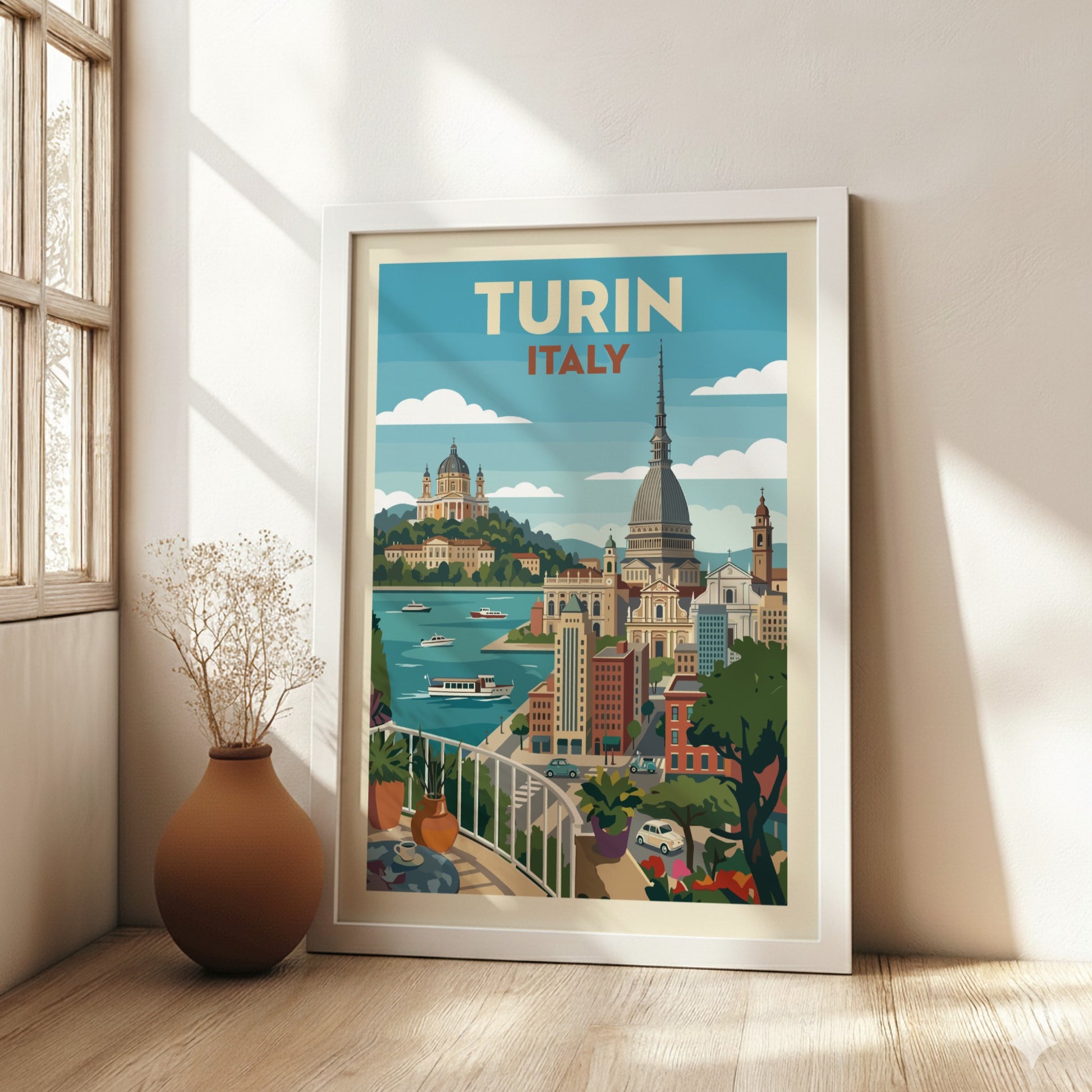 Turin Italy travel poster featuring a retro cityscape with prominent landmarks and a blue sky.