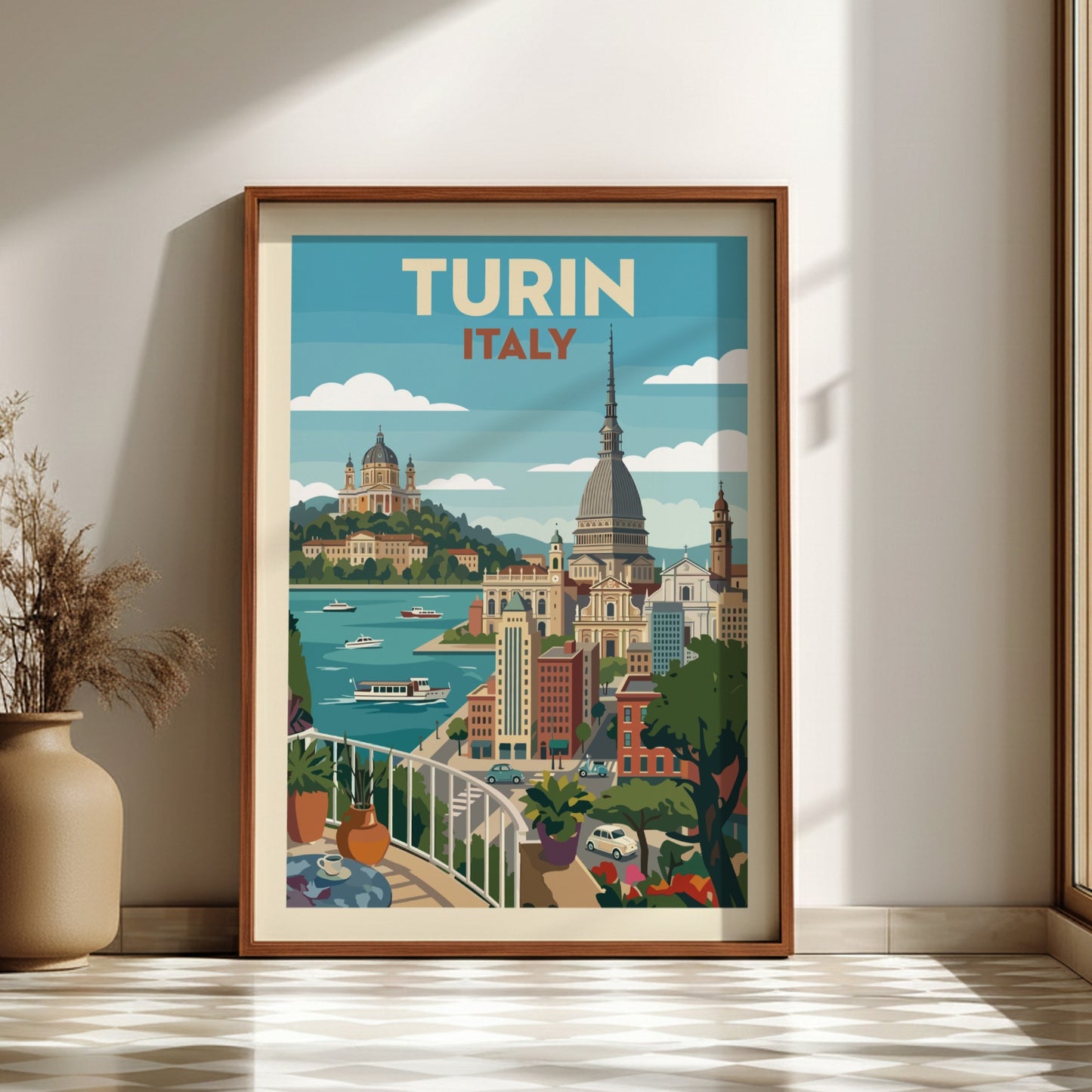 Turin Italy travel poster featuring a retro cityscape with prominent landmarks and a blue sky.