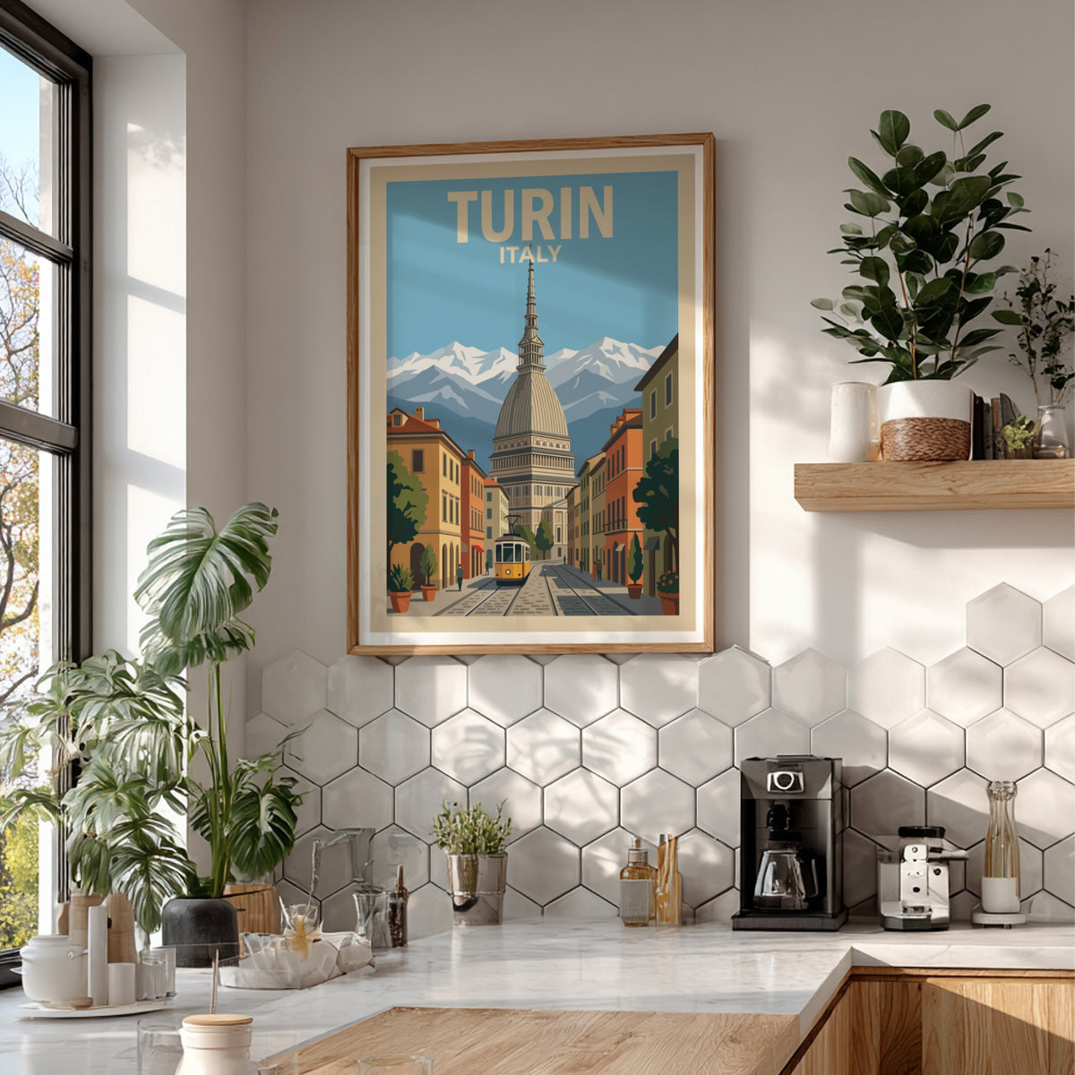 Poster of Turin Italy featuring the Mole Antonelliana, a yellow tram, and mountains.