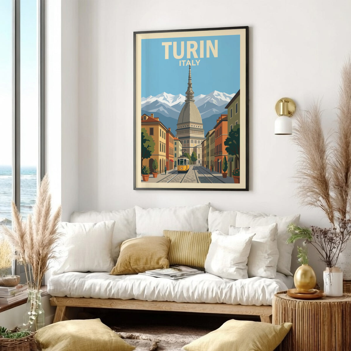 Poster of Turin Italy featuring the Mole Antonelliana, a yellow tram, and mountains.