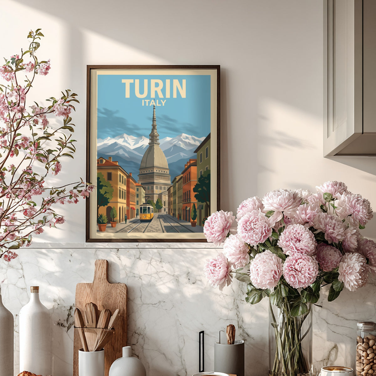 Poster of Turin Italy featuring the Mole Antonelliana, a yellow tram, and mountains.