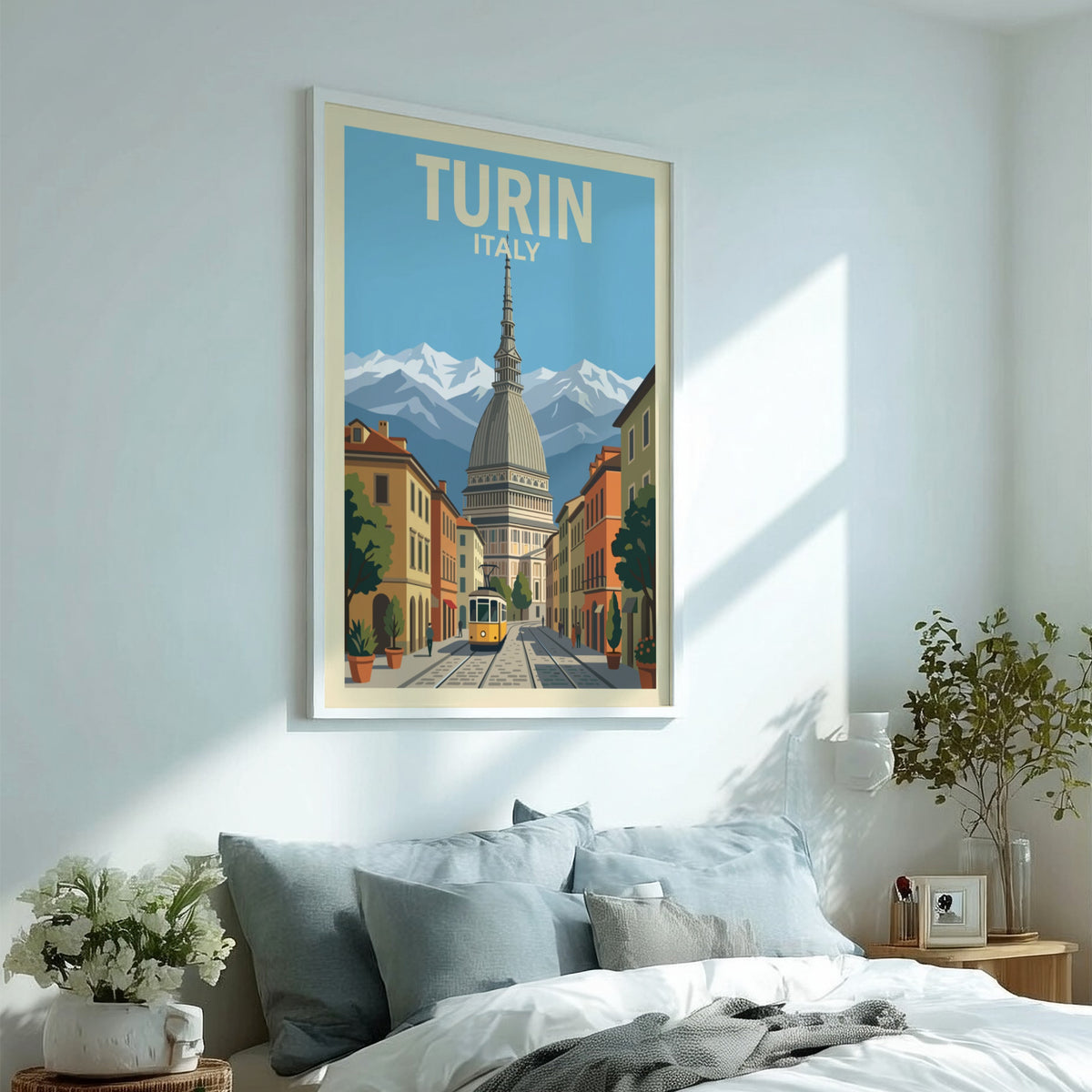 Poster of Turin Italy featuring the Mole Antonelliana, a yellow tram, and mountains.