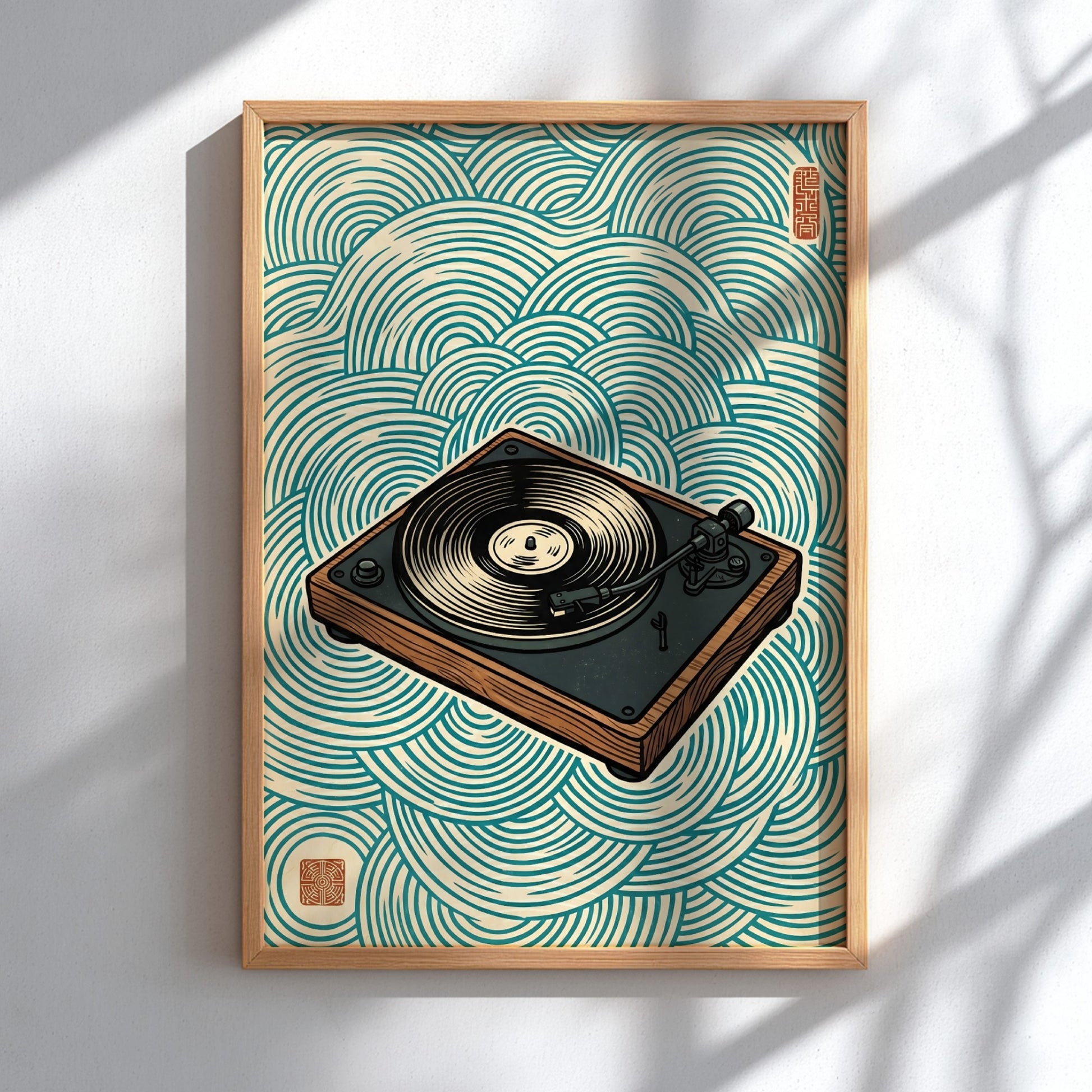 Japanese art style poster featuring a turntable and waves in blue tones
